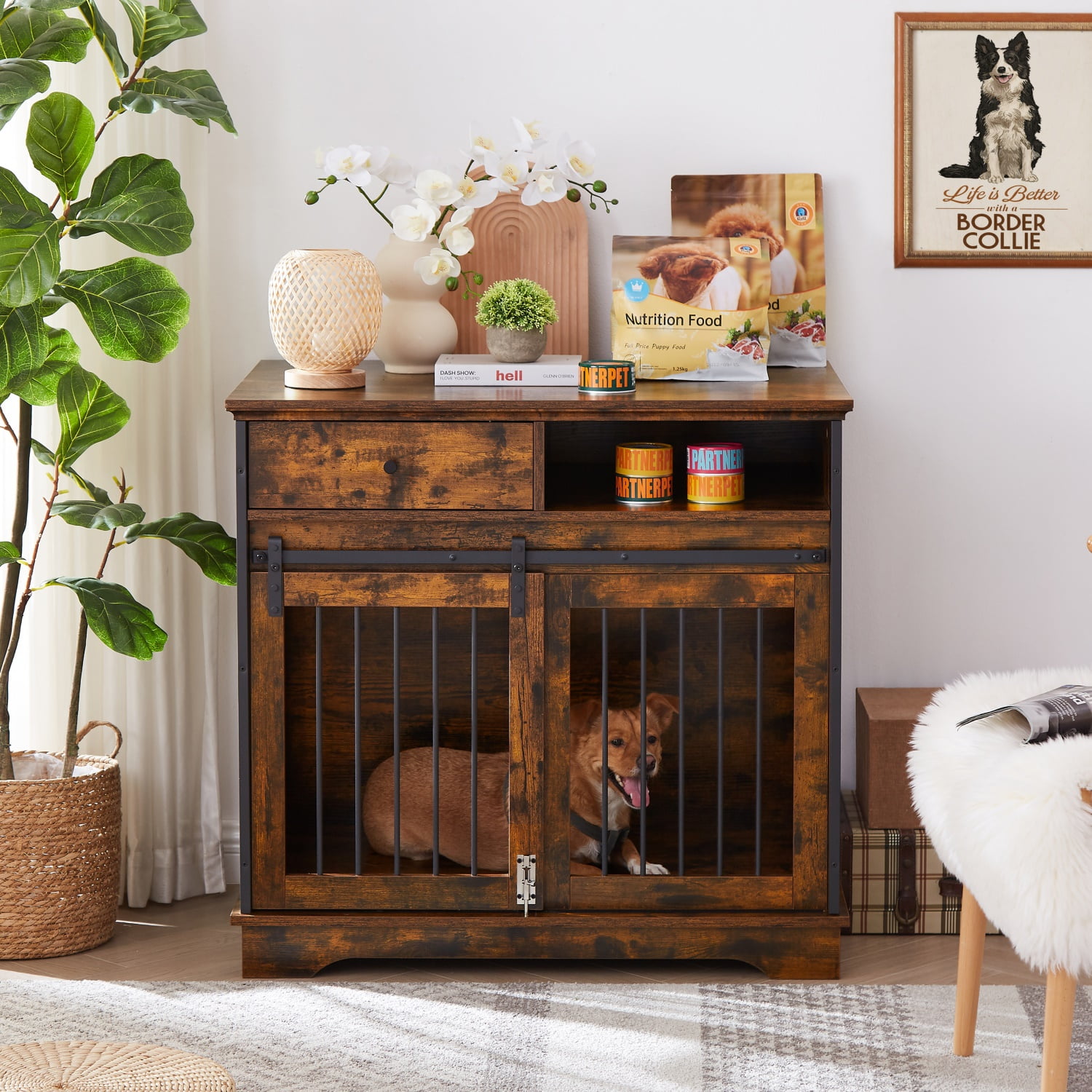Pefilos 35" Sliding Door Dog Crate with Drawers, Wooden Dog Kennel End Table, Decorative Furniture Dog Crate, Brown Pefilos 35" Sliding Door Dog Crate with Drawers, Wooden Dog Kennel End Table, Decorative Furniture Dog Crate, Brown