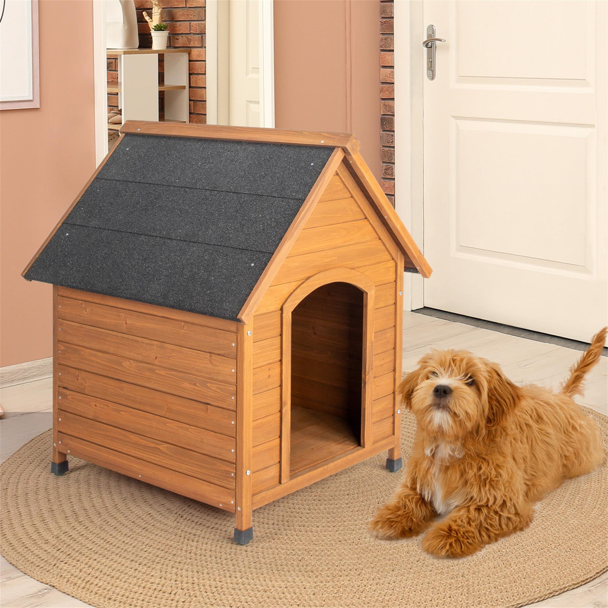 Pefilos 39" Outdoor Wood Dog House with Elevated Floor, Puppy Kennel Waterproof Pet Cat Shelter, Brown