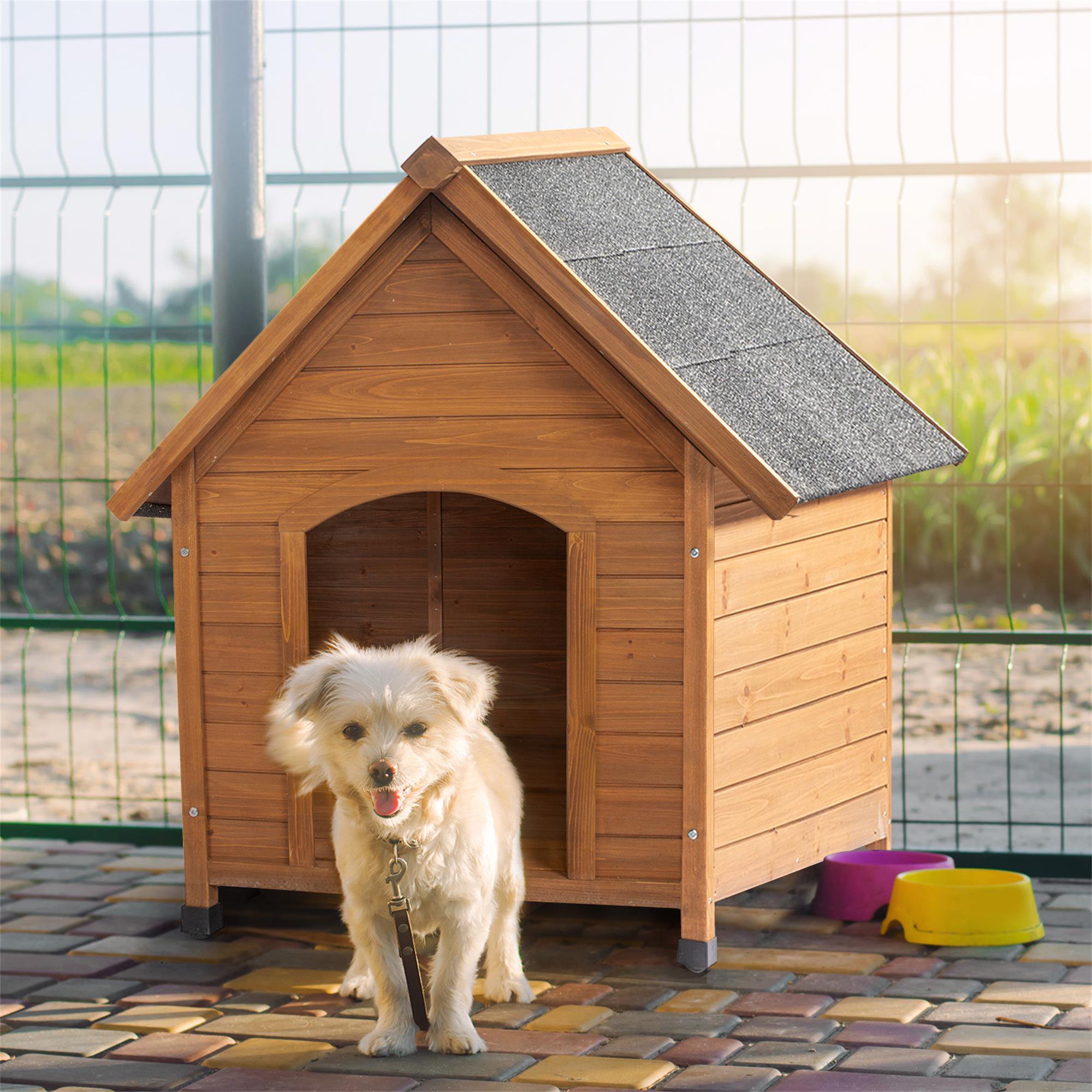 Pefilos 39" Wood Dog House for Outdoor, Waterproof Puppy Shelter with Elevated Floor, Indoor Pet Kennel, Brown