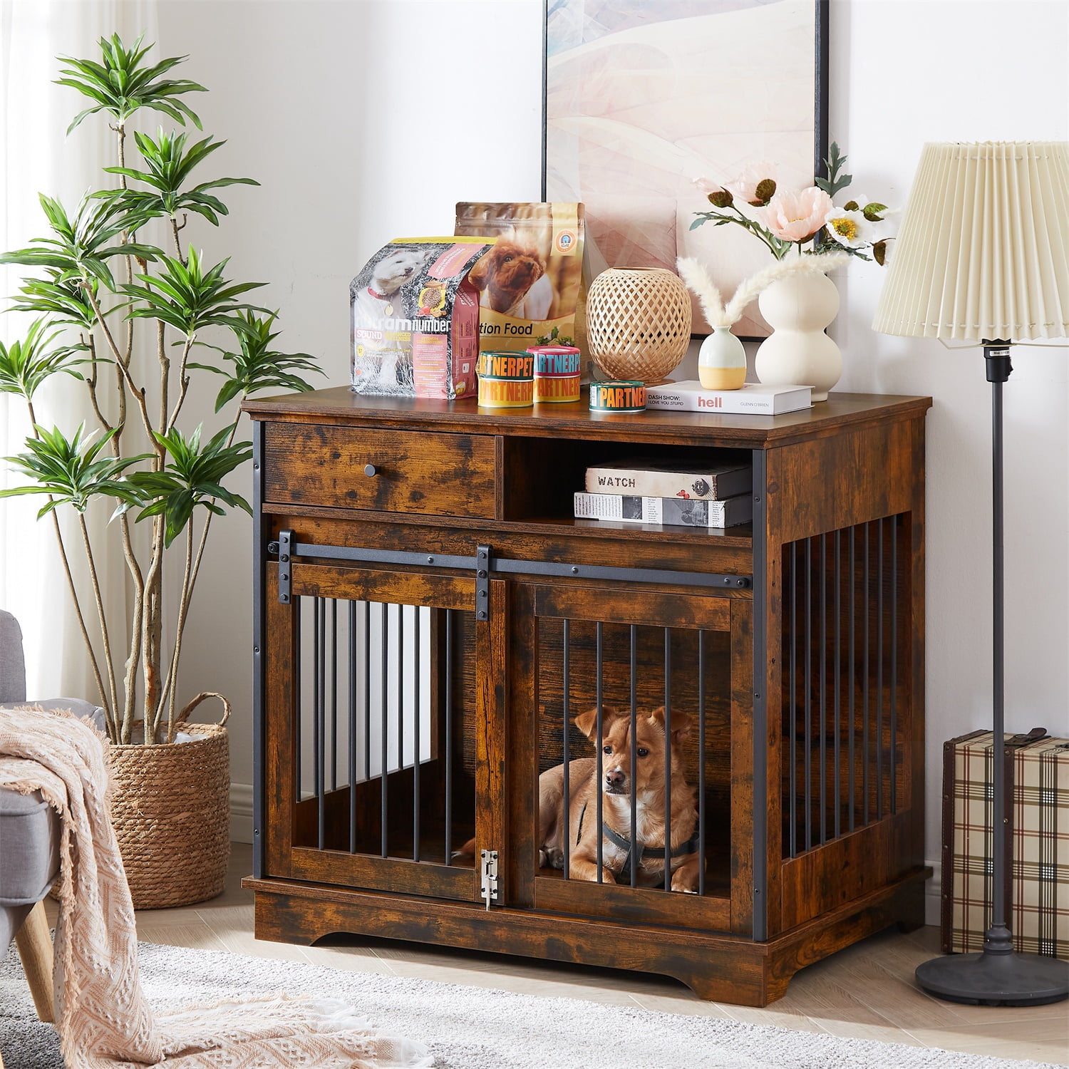 Pefilos 35" Wooden Dog Kennel End Table with Drawers and Sliding Door Dog Crate, Furniture Style Dog Crate, Brown Pefilos 35" Wooden Dog Kennel End Table with Drawers and Sliding Door Dog Crate, Furniture Style Dog Crate, Brown