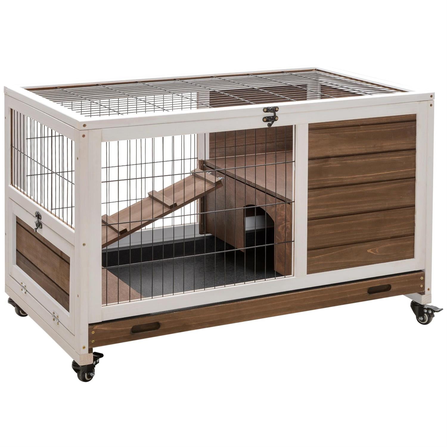 Pefilos 35" Wooden Rabbit Hutch Indoor, Outdoor Bunny Enclosure on Wheels Guinea Pig Cage for Small Animals with Pull Out Trays, Brown
