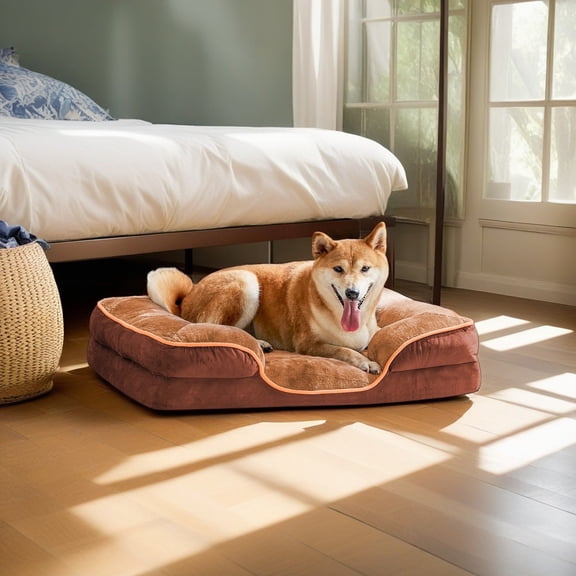 Pefilos 35"x25" Orthopedic Dog Bed Sofa for Medium Dogs and Cats, Supportive Foam Pet Couch Bed with Removable Washable Cover, Brown