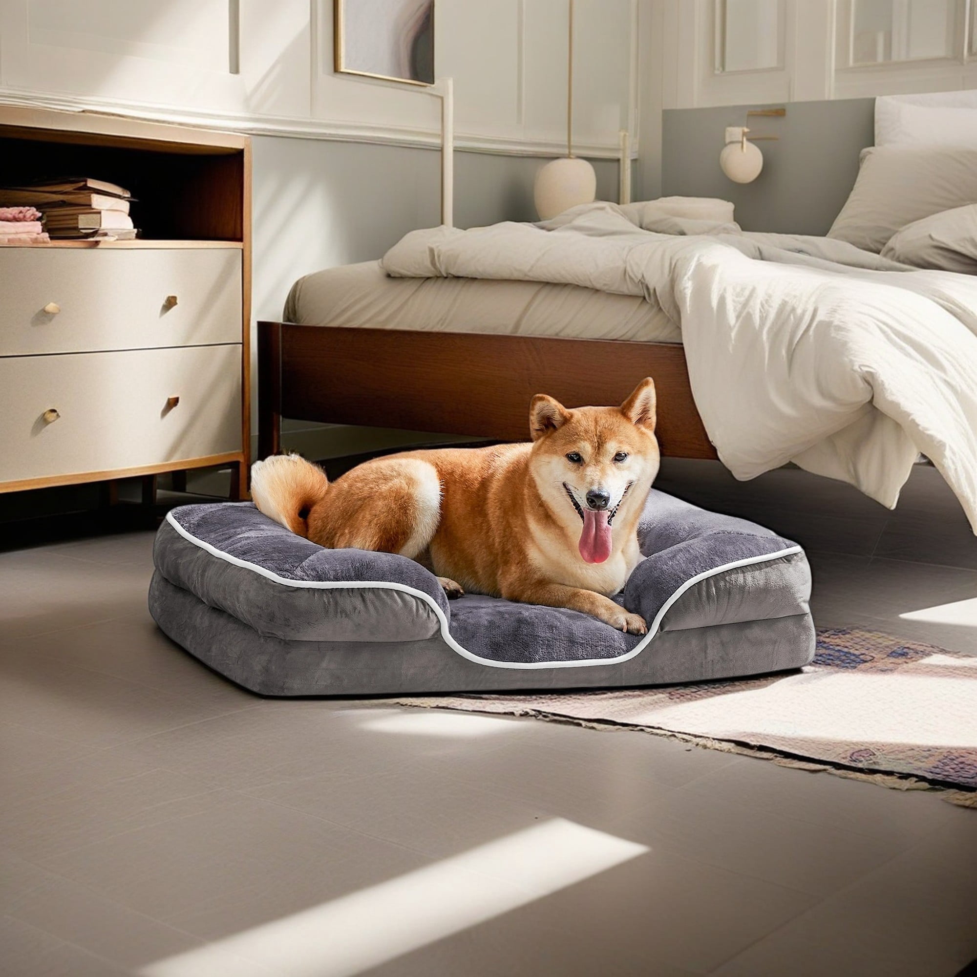 Pefilos 35"x25" Orthopedic Dog Bed for Medium Dogs and Cats, Waterproof Dog Sofa Beds, Supportive Foam Pet Couch Bed with Removable Washable Cover, Gray