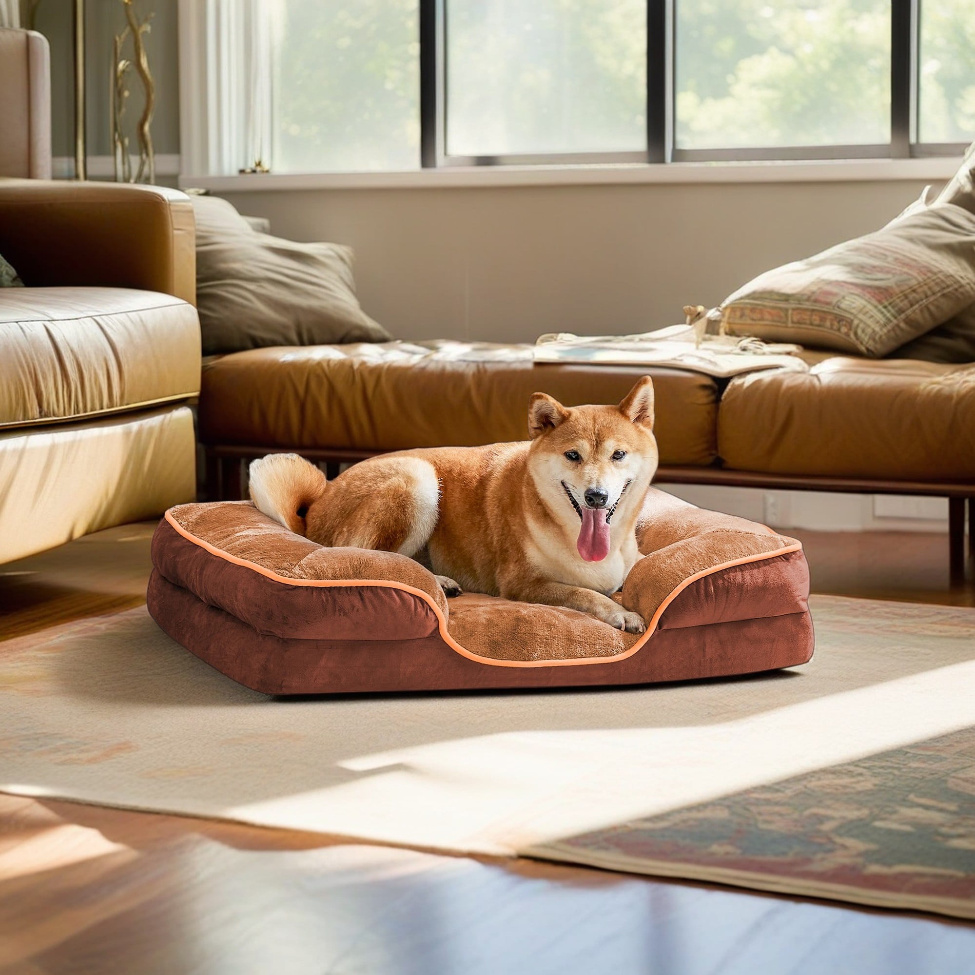 Pefilos 35"x25" Orthopedic Dog Beds, Waterproof Memory Foam Dog Sofa Bed with Sides, Non-Slip Bottom Pet Bed with Washable Removable Cover, Brown