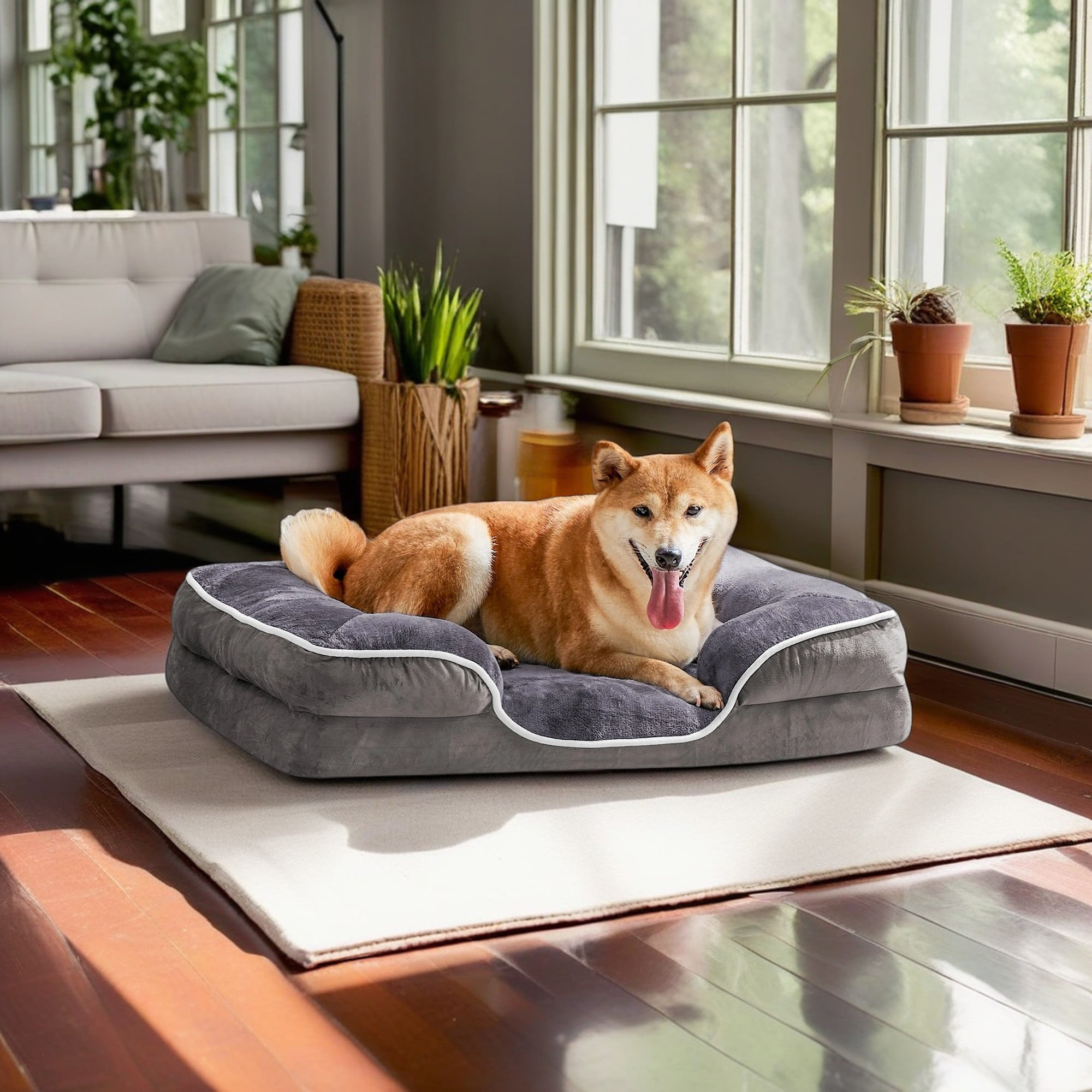 Pefilos 35"x25" Orthopedic Dog Beds, Waterproof Memory Foam Dog Sofa Bed with Sides, Non-Slip Bottom Pet Bed with Washable Removable Cover, Gray