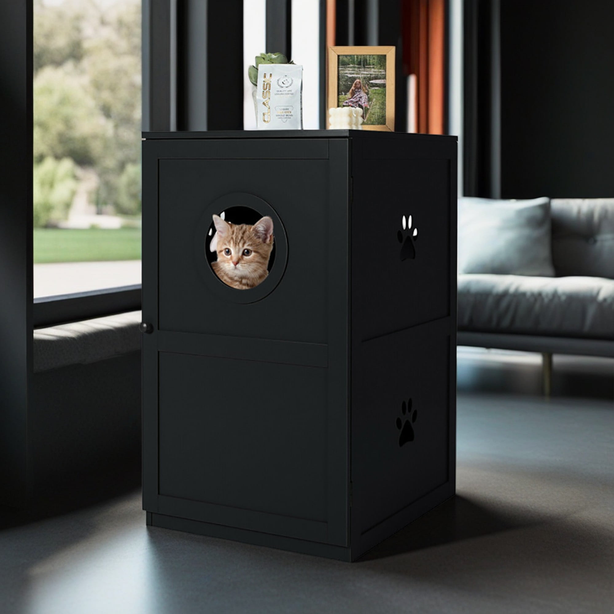 Pefilos 36" 2-Story Furniture Style Cat Litter Box Enclosure, Hidden Cat Litter Box Furniture, Wood Cat House Washroom, Black Pefilos 36" 2-Story Furniture Style Cat Litter Box Enclosure, Hidden Cat Litter Box Furniture, Wood Cat House Washroom, Black