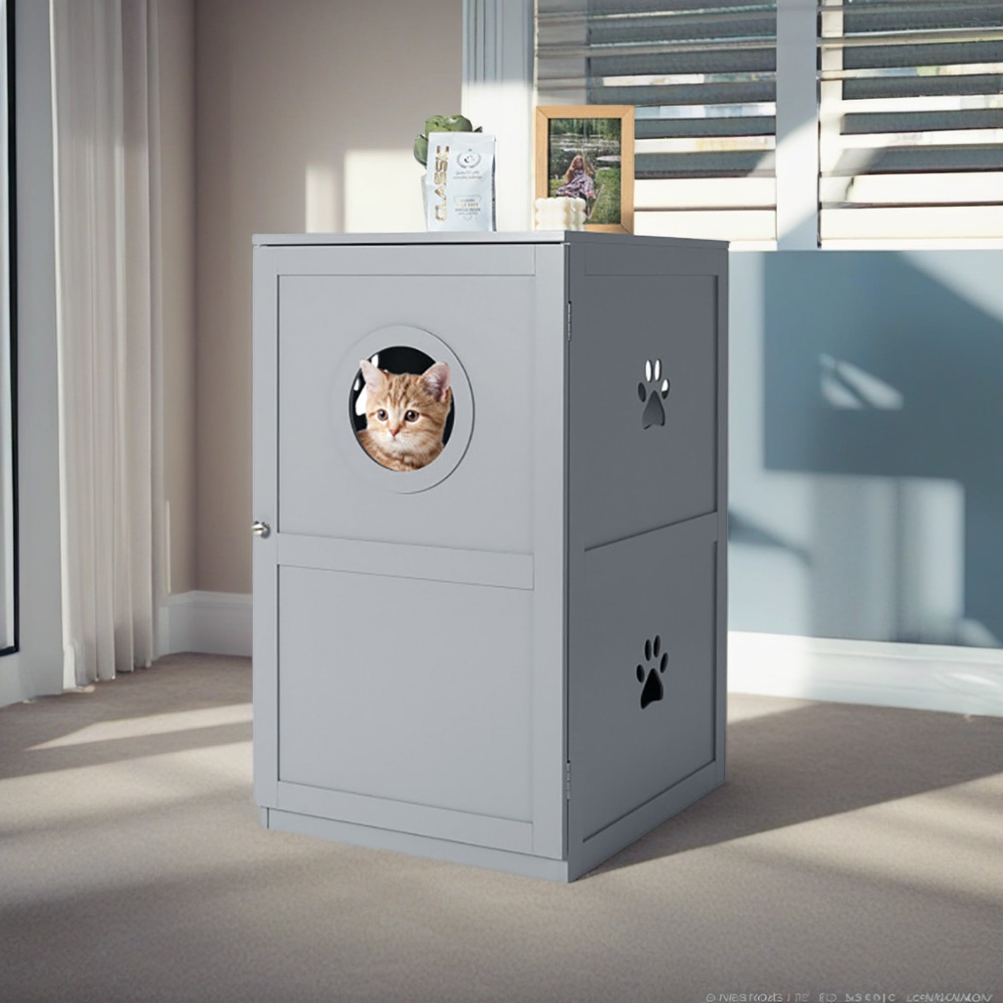 Pefilos 36" 2-Story Furniture Style Cat Litter Box Enclosure, Hidden Cat Litter Box Furniture, Wood Cat House Washroom, Gray Pefilos 36" 2-Story Furniture Style Cat Litter Box Enclosure, Hidden Cat Litter Box Furniture, Wood Cat House Washroom, Gray