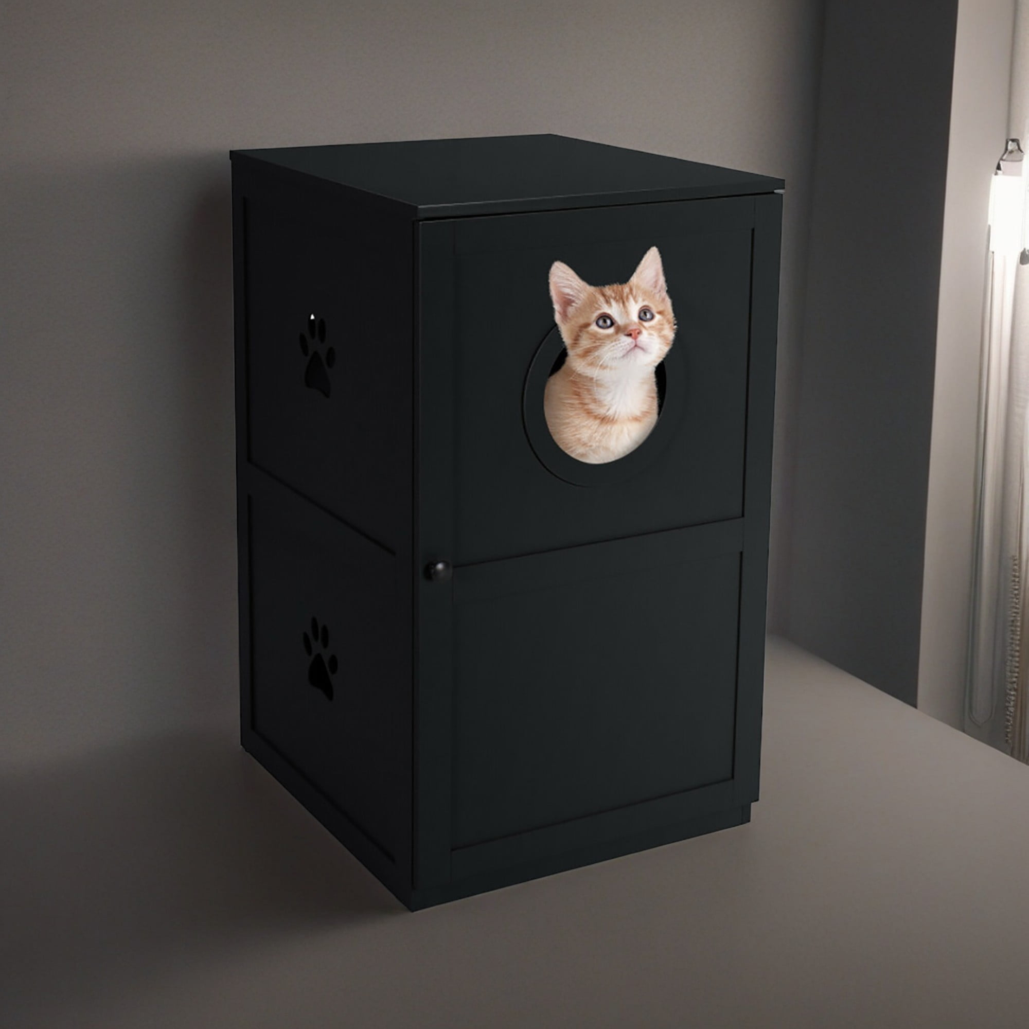 Pefilos 36" 2-tier Cat House with Anti-toppling Device, Hidden Cat Litter Box Furniture, Black Pefilos 36" 2-tier Cat House with Anti-toppling Device, Hidden Cat Litter Box Furniture, Black