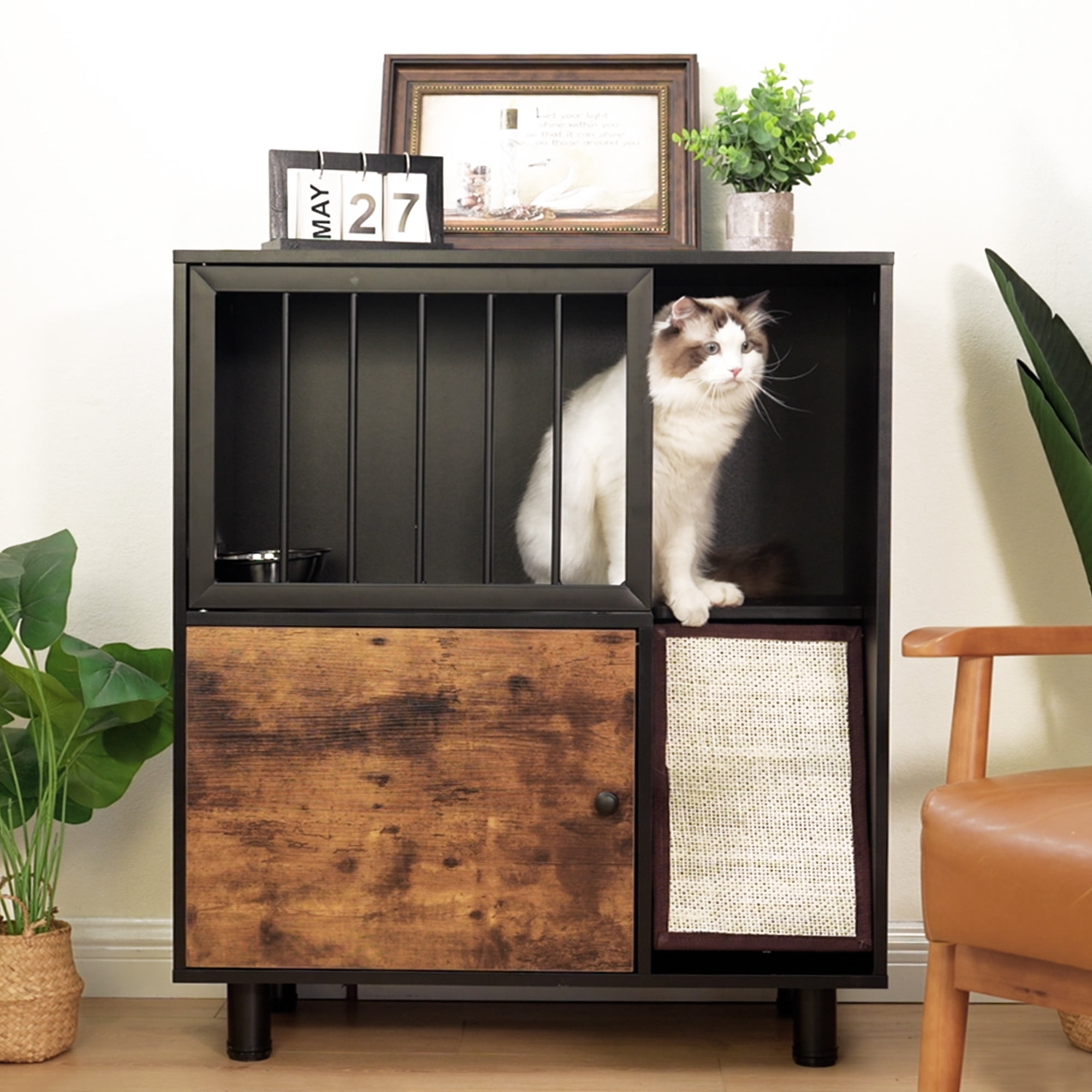 Pefilos 36" Cat Feeding Station with Scratching Board, Vintage Cat Furniture Locker Feeder Station, Pet Feeder Storage Cabinet, Brown Pefilos 36" Cat Feeding Station with Scratching Board, Vintage Cat Furniture Locker Feeder Station, Pet Feeder Storage Cabinet, Brown