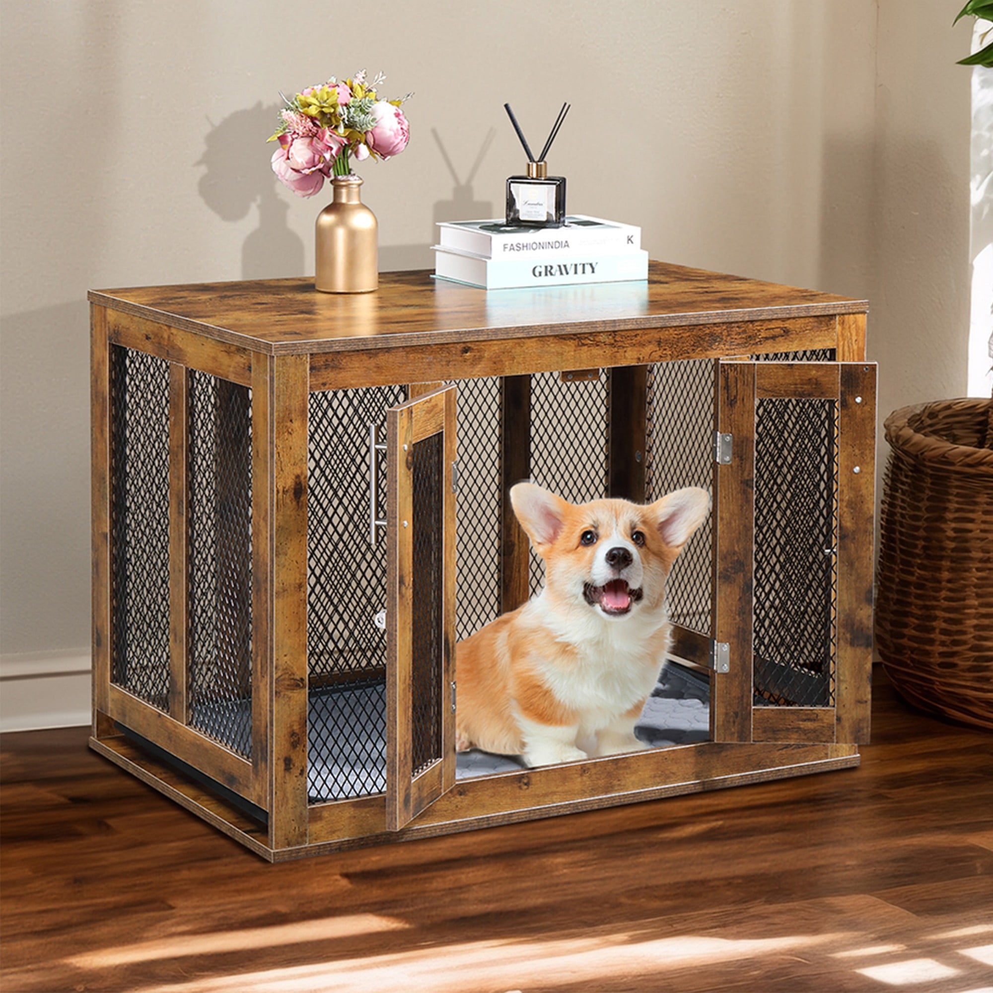 Pefilos 36" Dog Crate Furniture with Tray for Medium Dogs, Indoor Puppy Kennel Pet House with Door, Modern Wood Dog Cage End Side Table, Brown Pefilos 36" Dog Crate Furniture with Tray for Medium Dogs, Indoor Puppy Kennel Pet House with Door, Modern Wood Dog Cage End Side Table, Brown