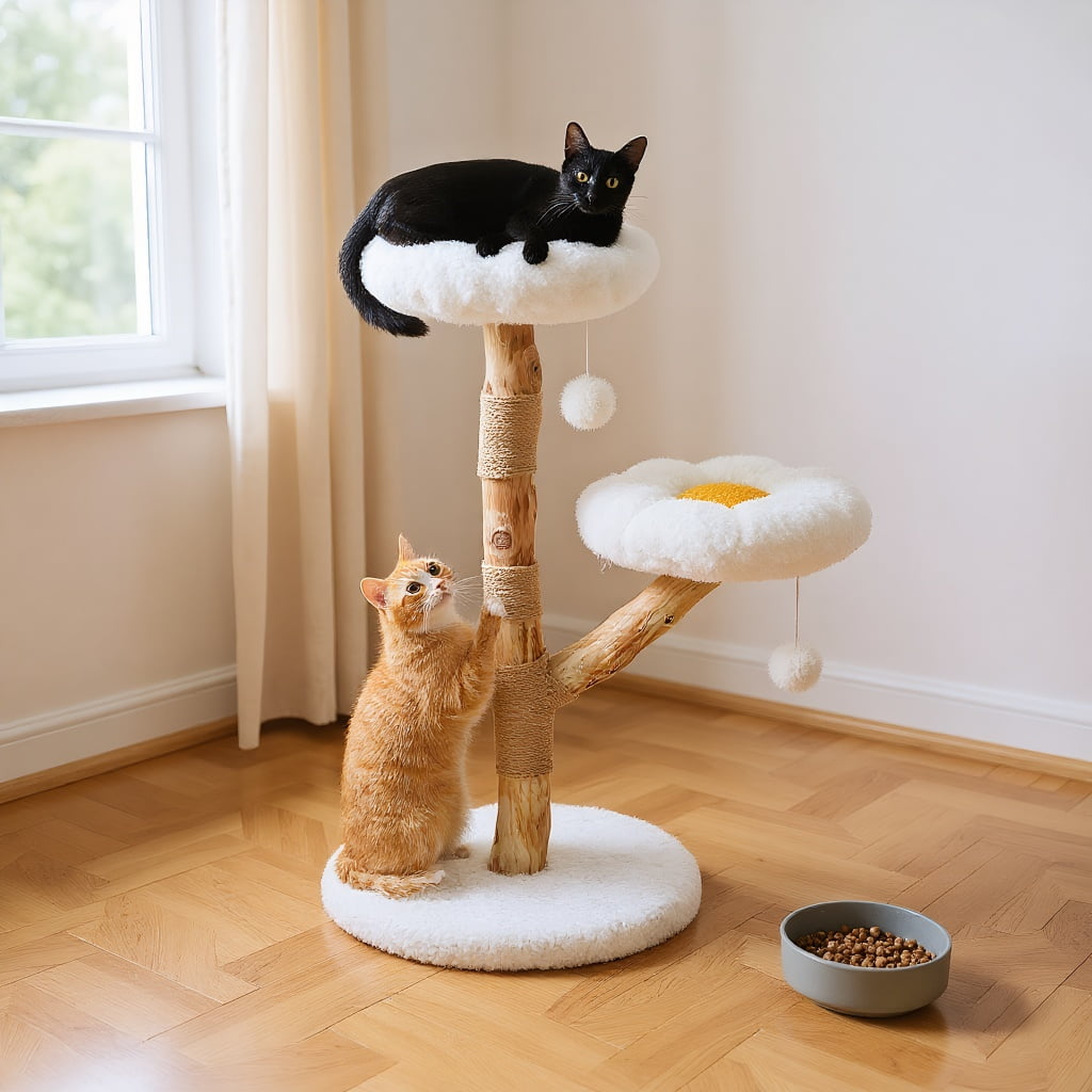 Pefilos 36" Flower Cat Tree Tower with Real Wood Branches, Boho Cat Climbing Tower with Scratching Post and 2 Perches for Indoor Cats, White