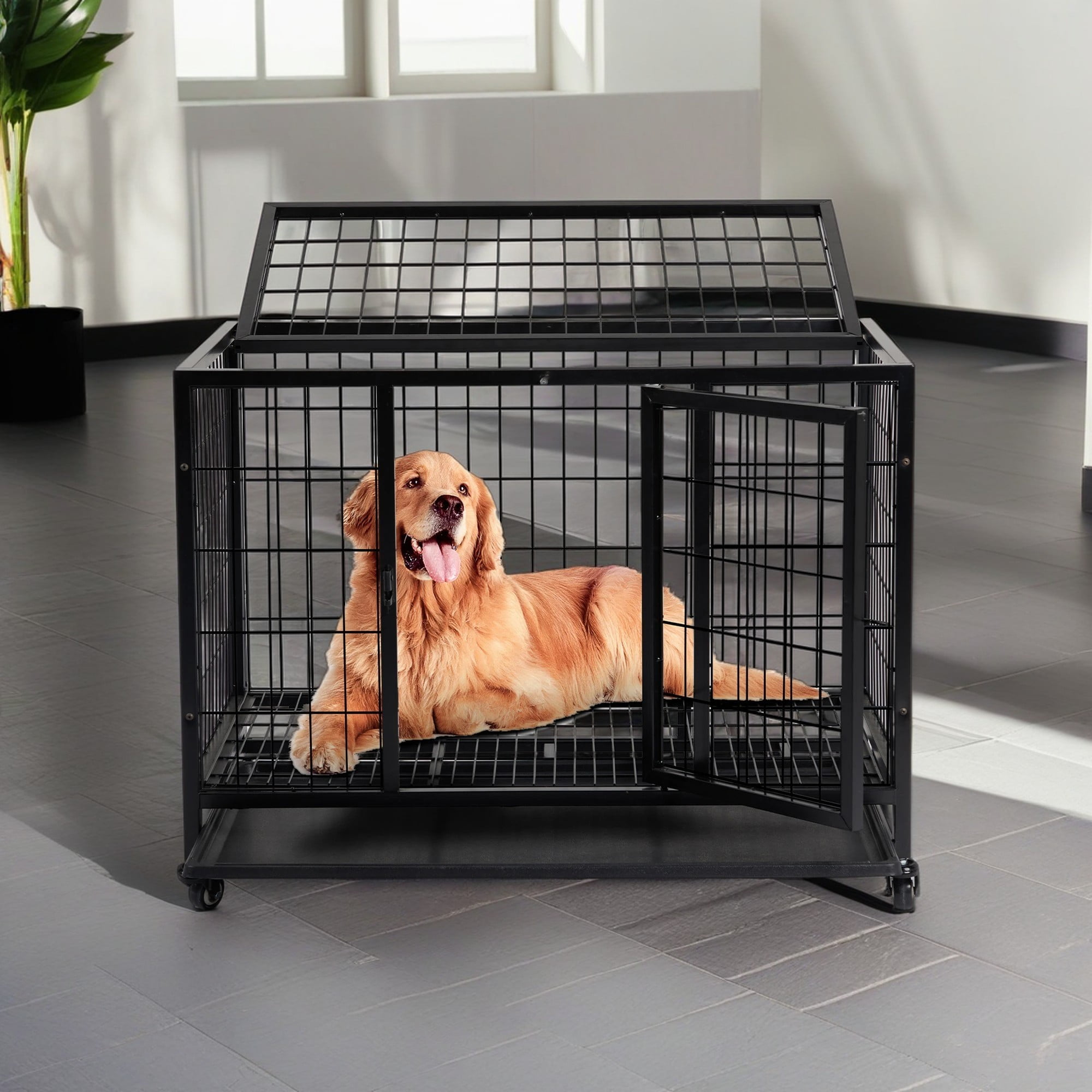 Pefilos 36" Heavy-Duty Dog Crate, Metal Dog Kennel and Cage with Removable Tray for Medium to Large Dogs, Black Pefilos 36" Heavy-Duty Dog Crate, Metal Dog Kennel and Cage with Removable Tray for Medium to Large Dogs, Black