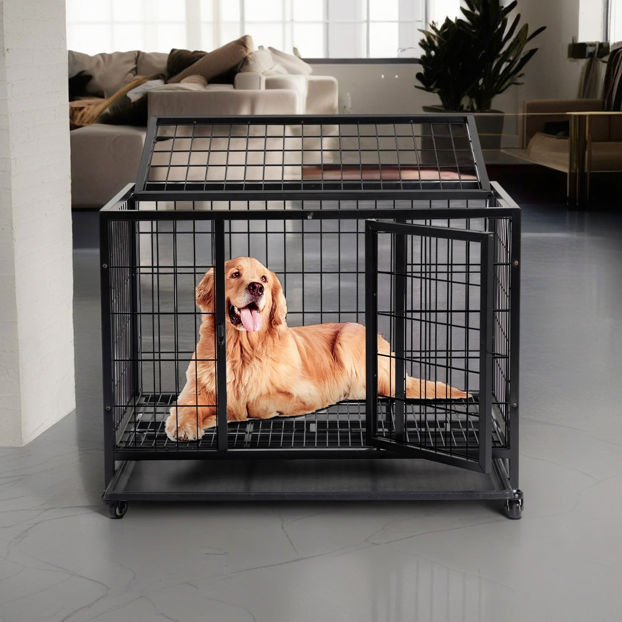 Pefilos 36" Heavy Duty Dog Crate for Indoor, Metal Dog Cage Dog Kennel for Medium Dogs with Double Doors, Lockable Wheels and Removable Trays, Black Pefilos 36" Heavy Duty Dog Crate for Indoor, Metal Dog Cage Dog Kennel for Medium Dogs with Double Doors, Lockable Wheels and Removable Trays, Black
