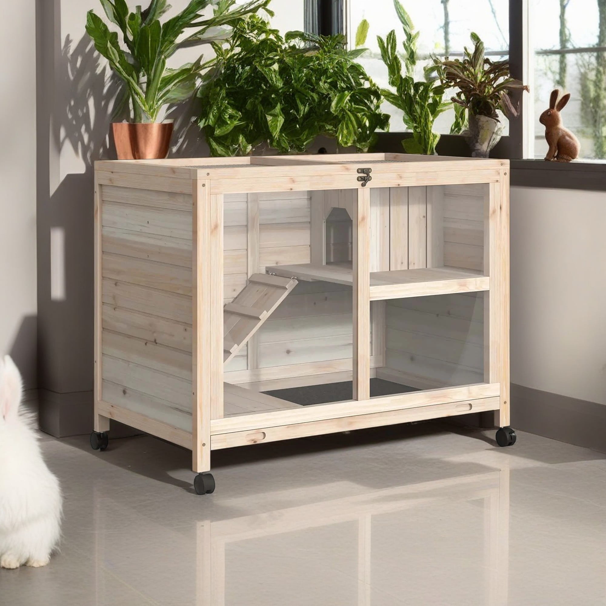Pefilos 36" Indoor Rabbit Hutch with Wheels, Removable Tray and Openable Top, Wooden Bunny House Small Animal Habitat, Beige
