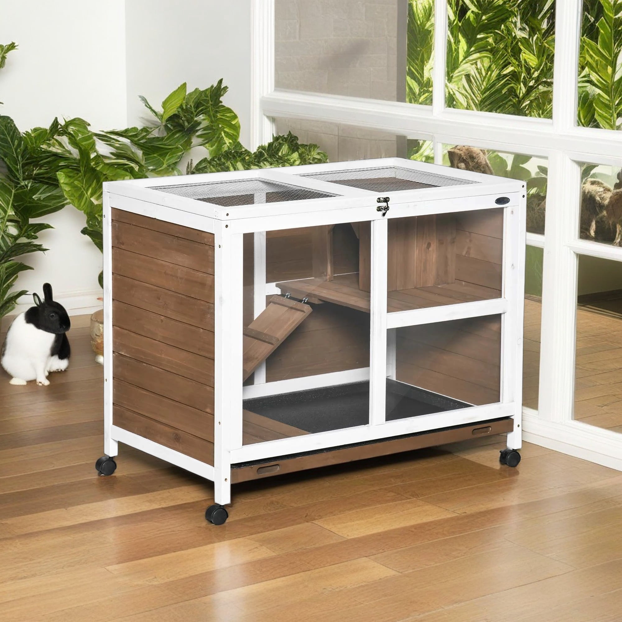 Pefilos 36" Indoor Rabbit Hutch with Wheels, Removable Tray and Openable Top, Wooden Bunny House Small Animal Habitat, Brown