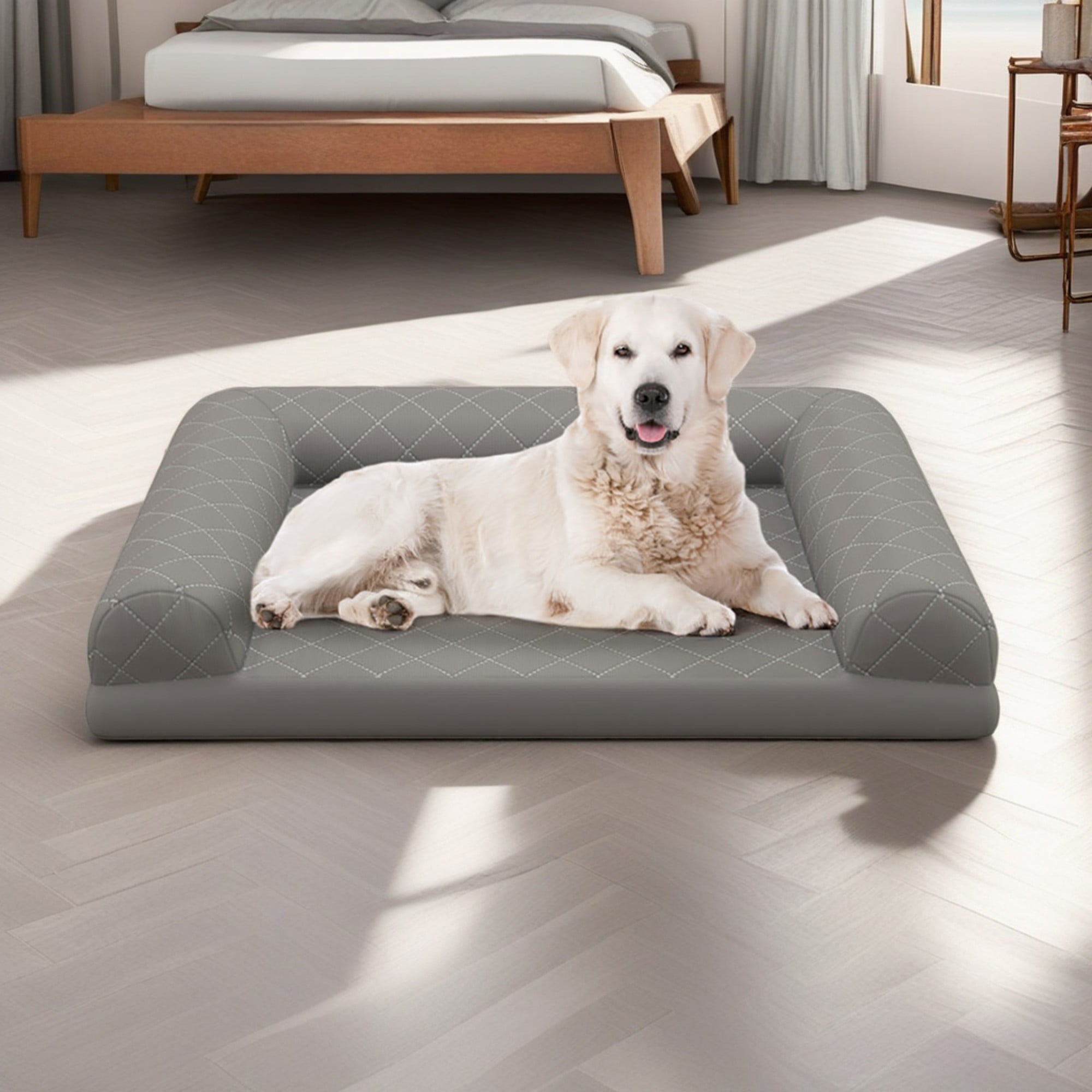 Pefilos 36" Pet Dog Crate Bed with 3-Side Bolster, Dog Bed Sofa Furniture, Cat Sofa Beds with Removable Washable Bed Cover, Gray