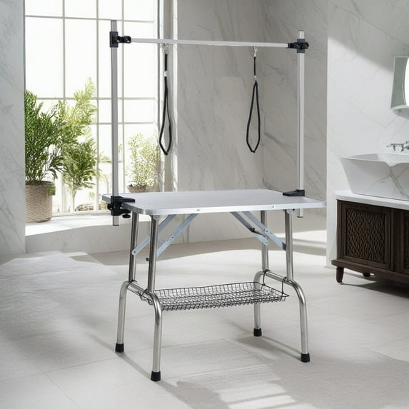 Pefilos 36" Pet Grooming Table for Large Dogs Adjustable Height Portable Trimming Table Drying Table w/Arm/Noose/Mesh Tray, Gray