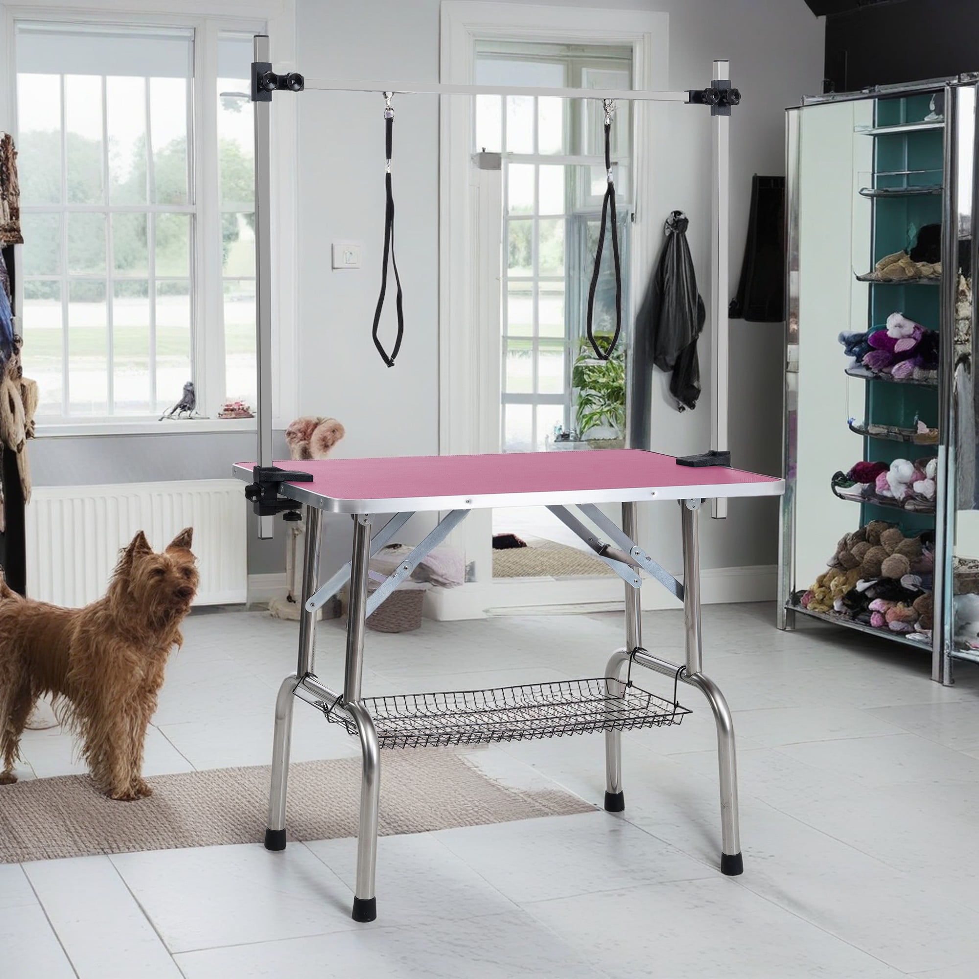 Pefilos 36" Pet Grooming Table for Large Dogs Adjustable Height Portable Trimming Table Drying Table w/Arm/Noose/Mesh Tray, Pink Pefilos 36" Pet Grooming Table for Large Dogs Adjustable Height Portable Trimming Table Drying Table w/Arm/Noose/Mesh Tray, Pink