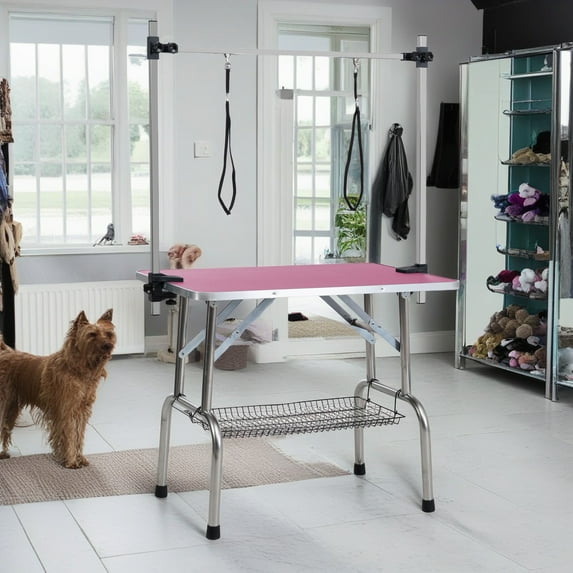 Pefilos 36" Pet Grooming Table for Large Dogs Adjustable Height Portable Trimming Table Drying Table w/Arm/Noose/Mesh Tray, Pink