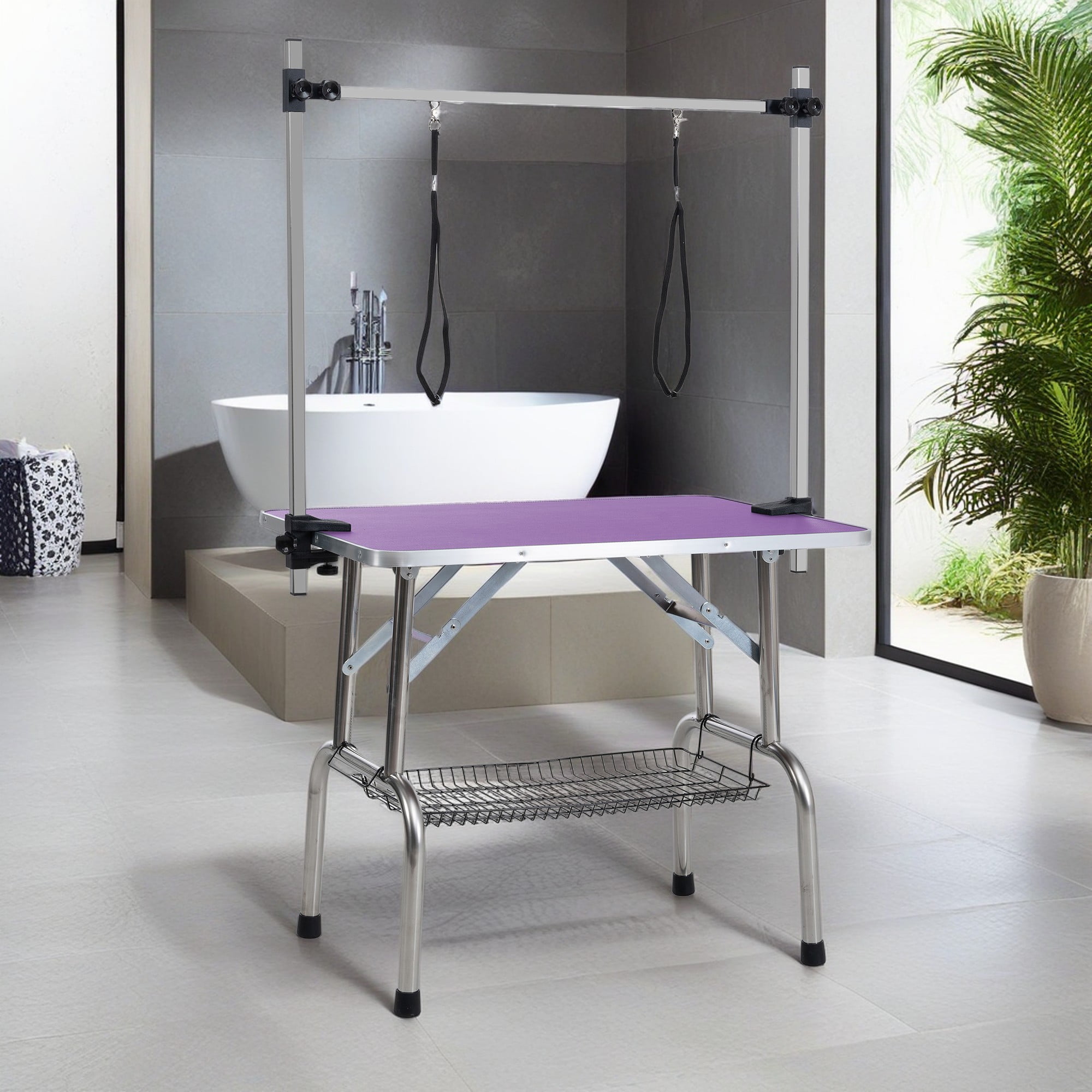 Pefilos 36" Pet Grooming Table for Large Dogs Adjustable Height Portable Trimming Table Drying Table w/Arm/Noose/Mesh Tray, Purple Pefilos 36" Pet Grooming Table for Large Dogs Adjustable Height Portable Trimming Table Drying Table w/Arm/Noose/Mesh Tray, Purple