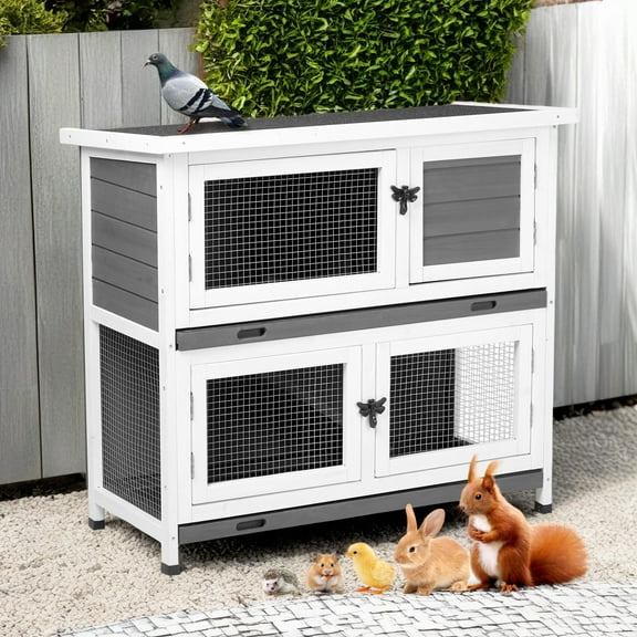 Pefilos 36" Solid Wooden Rabbit Cages with Easy Tray Wheels 2-Layer Rabbit Hutches for Outdoor Hen House, Gray