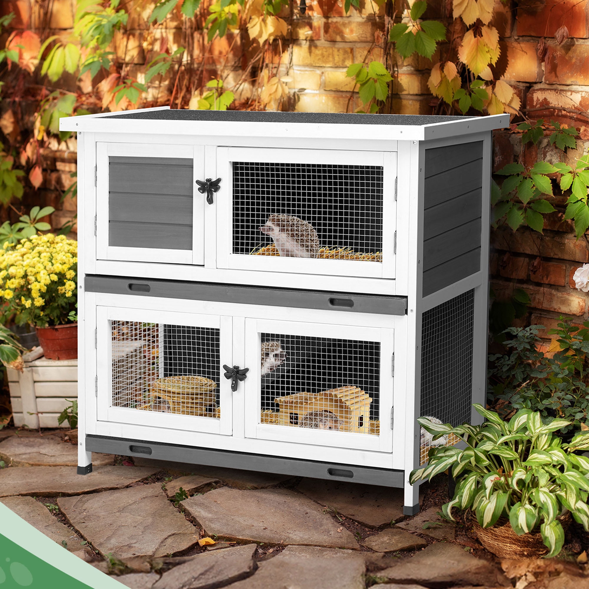 Pefilos 36" Two Floors Wood Rabbit Hutch Outdoor Chicken Coops for 4 Chickens House Wooden