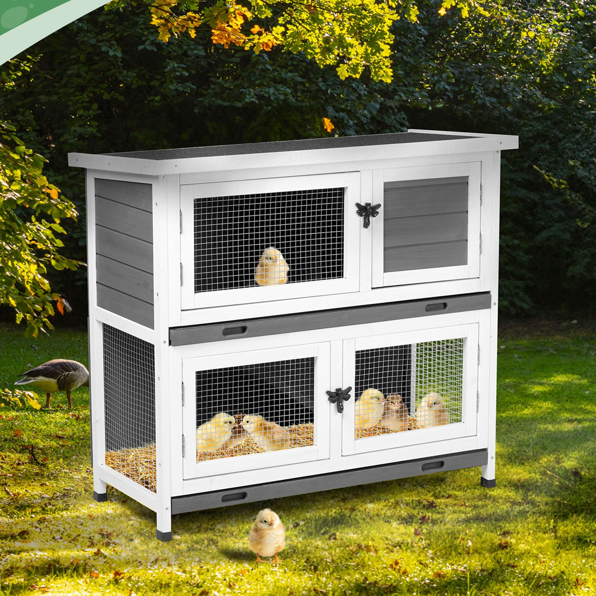 Pefilos 36" Two Floors Wooden Rabbit Hutch Indoor Hen House for 4 Chicken Coop House Wooden Guinea Pig Hutch Outdoor, Gray