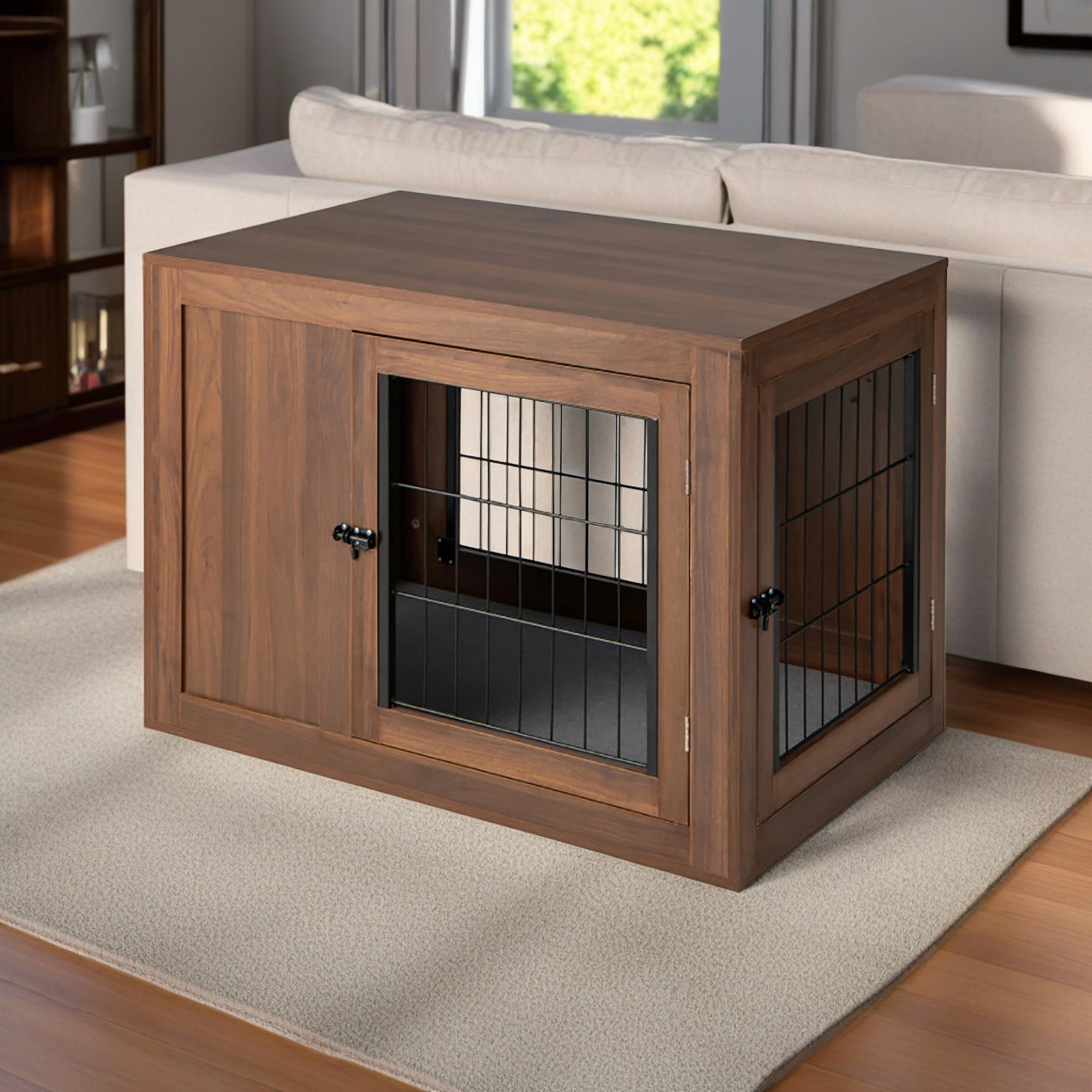 Pefilos 36" Wood Dog Crate Furniture with Door Lock and Cushion, Indoor Decorative Double Doors Dog Cage for Small Dogs, Brown Pefilos 36" Wood Dog Crate Furniture with Door Lock and Cushion, Indoor Decorative Double Doors Dog Cage for Small Dogs, Brown