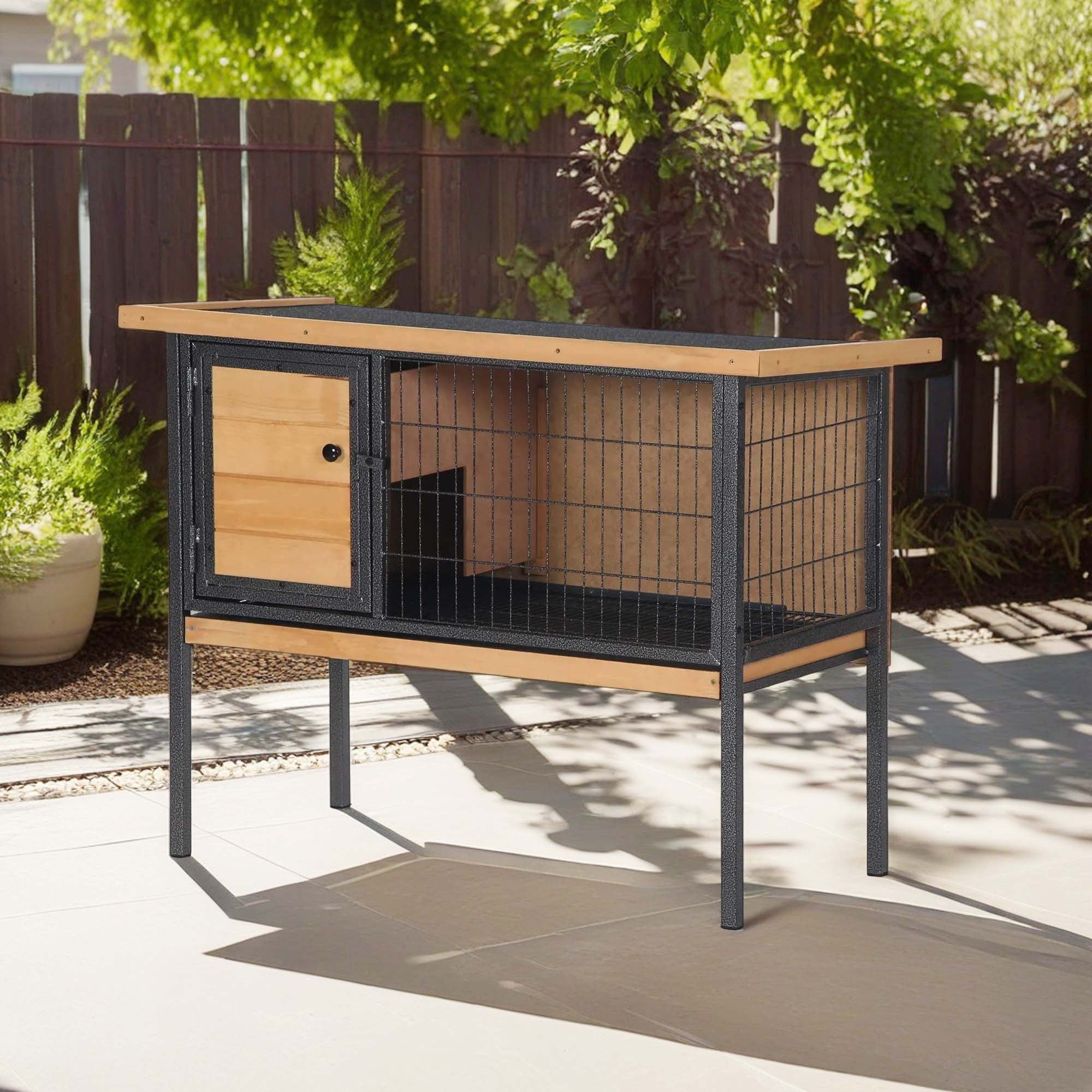 Pefilos 36" Wooden Guinea Pig House Rabbit Hutch for Indoor Bunny Cage with Wire Floor, Wheels, Leak-Proof Tray, Gray