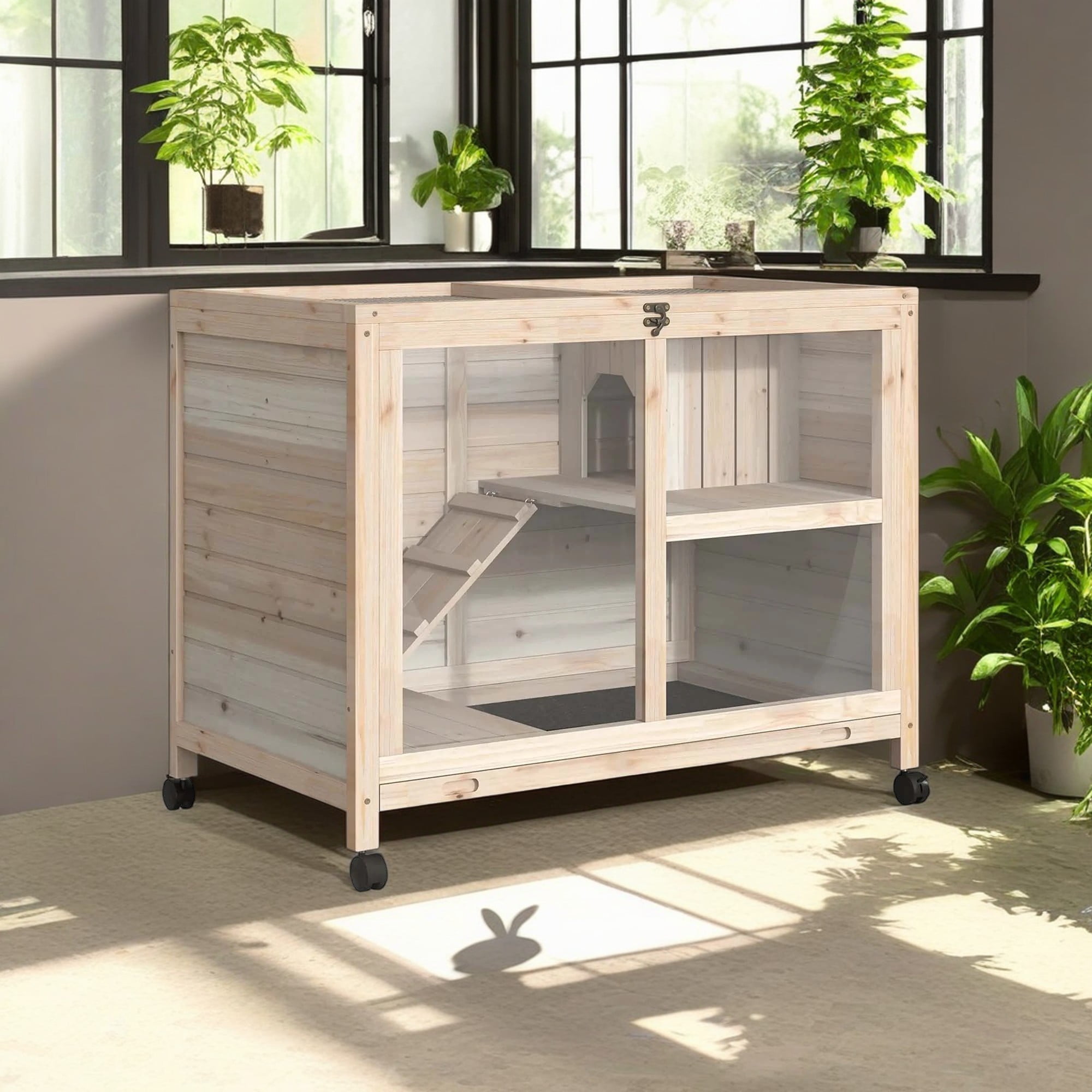 Pefilos 36" Wooden Rabbit Hutch with Run, Wheels, Removable Tray and Openable Top, Bunny Cage for Indoor and Outdoor, Beige