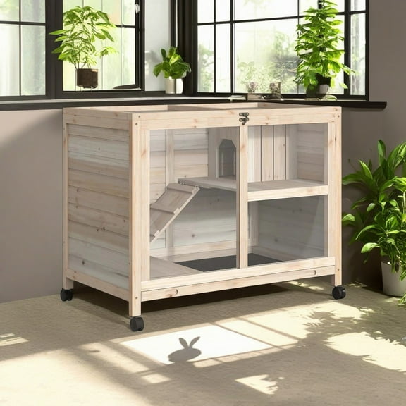 Pefilos 36" Wooden Rabbit Hutch with Run, Wheels, Removable Tray and Openable Top, Bunny Cage for Indoor and Outdoor, Beige