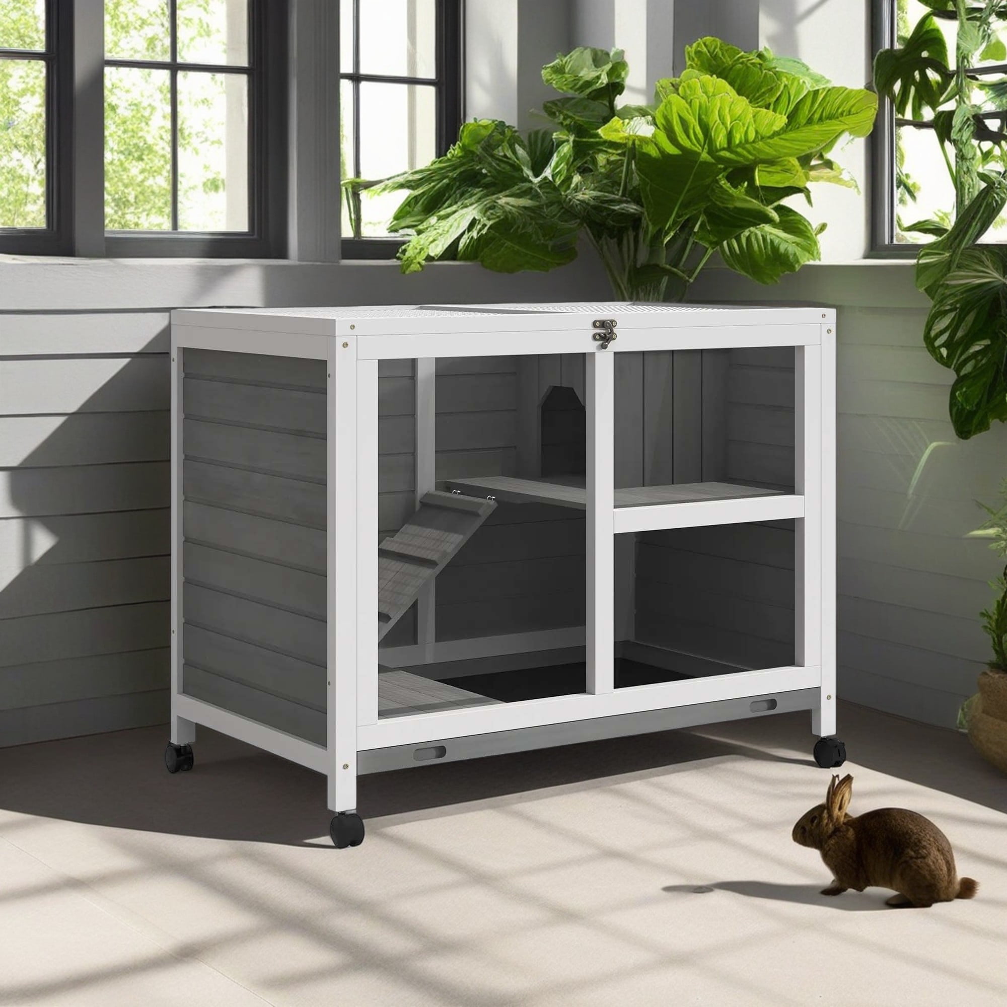 Pefilos 36" Wooden Rabbit Hutch with Run, Wheels, Removable Tray and Openable Top, Bunny Cage for Indoor and Outdoor, Gray