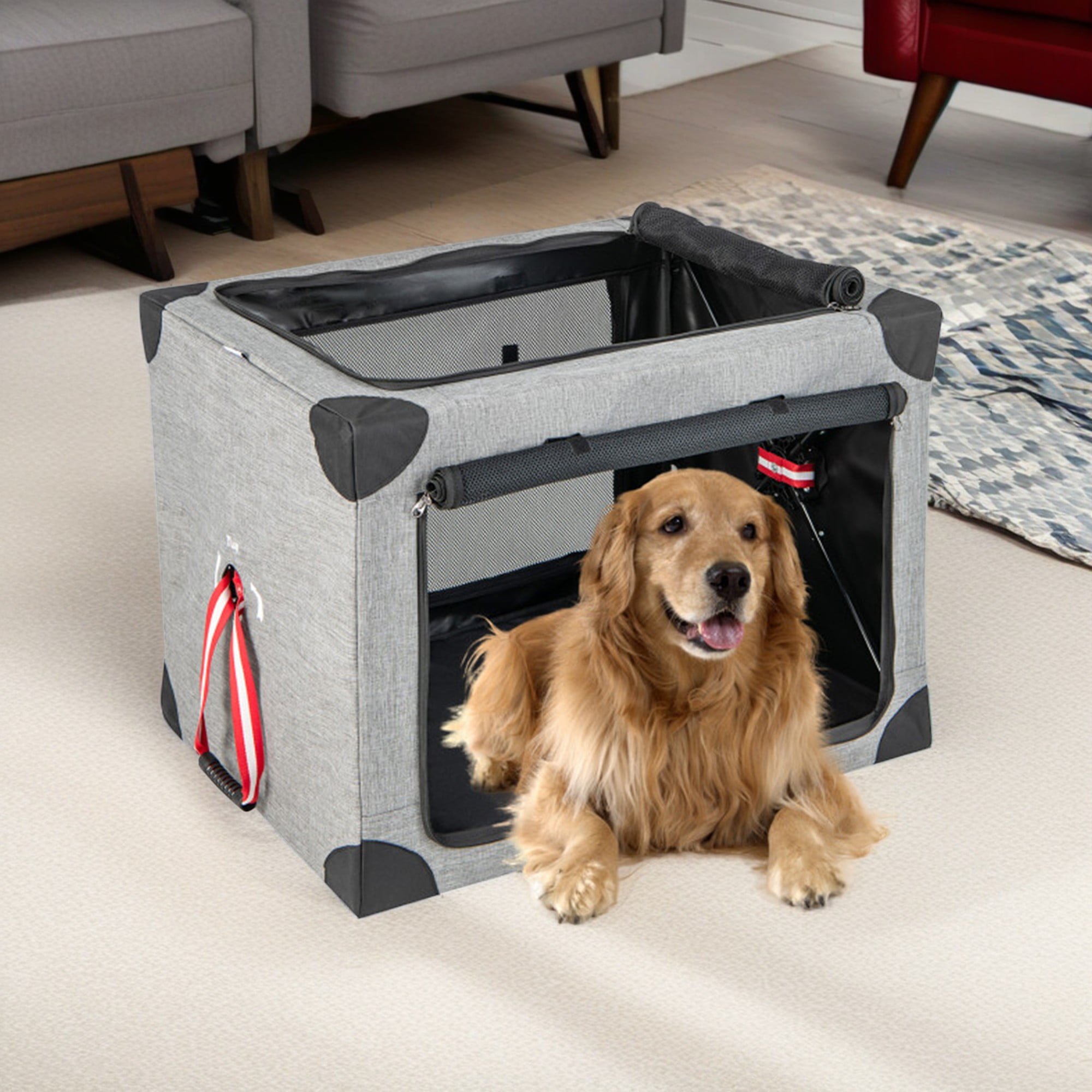 Pefilos 37" 3-Door Folding Soft Dog Crate with Removable Pad and Metal Frame, Indoor and Outdoor Pet Home, XL, Gray Pefilos 37" 3-Door Folding Soft Dog Crate with Removable Pad and Metal Frame, Indoor and Outdoor Pet Home, XL, Gray