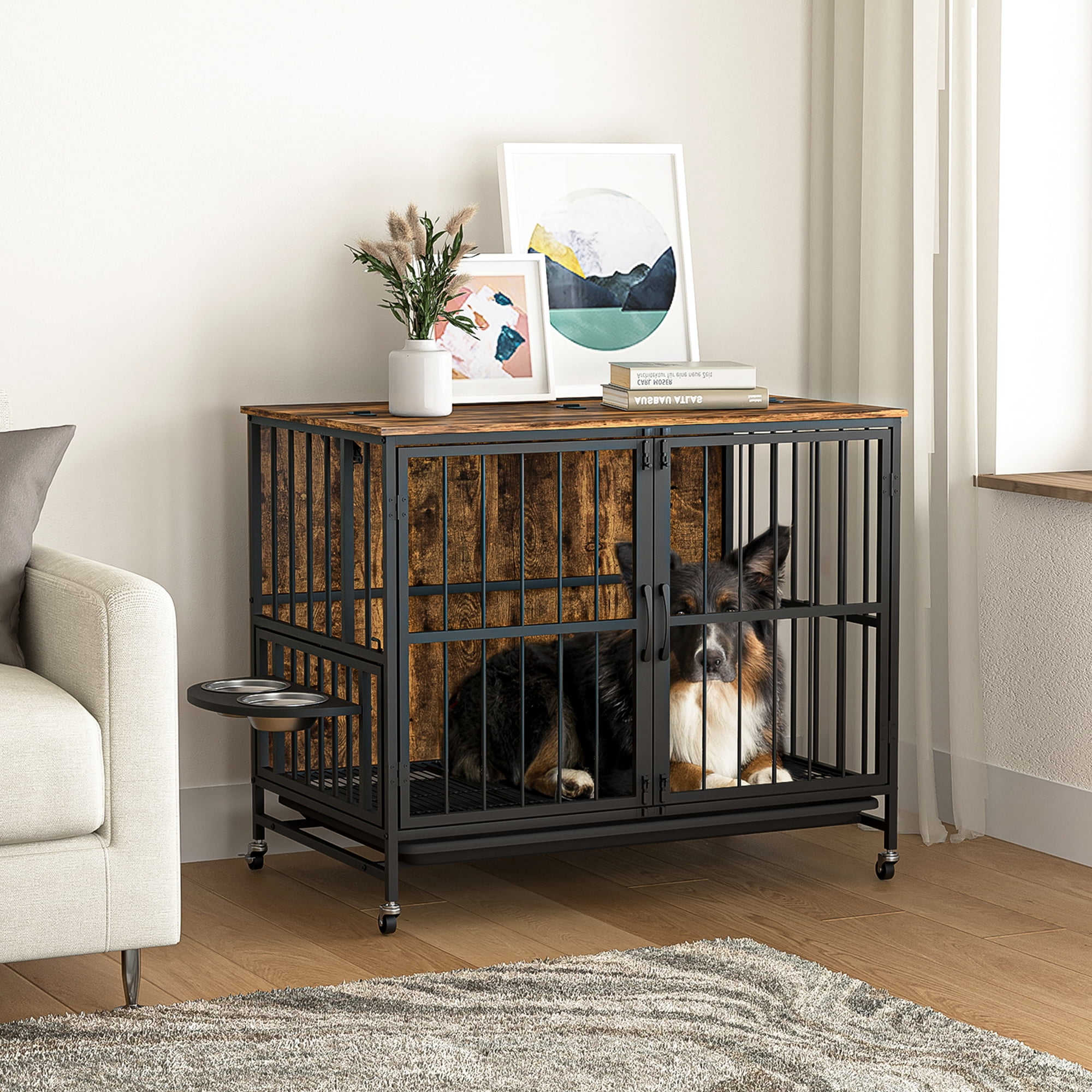 Pefilos 37.8" Dog Crates for Indoor Dogs, Heavy-Duty Dog Cage Furniture, Decorative Wood Kennels with Removable Trays and Feeding Bowls, Brown Pefilos 37.8" Dog Crates for Indoor Dogs, Heavy-Duty Dog Cage Furniture, Decorative Wood Kennels with Removable Trays and Feeding Bowls, Brown