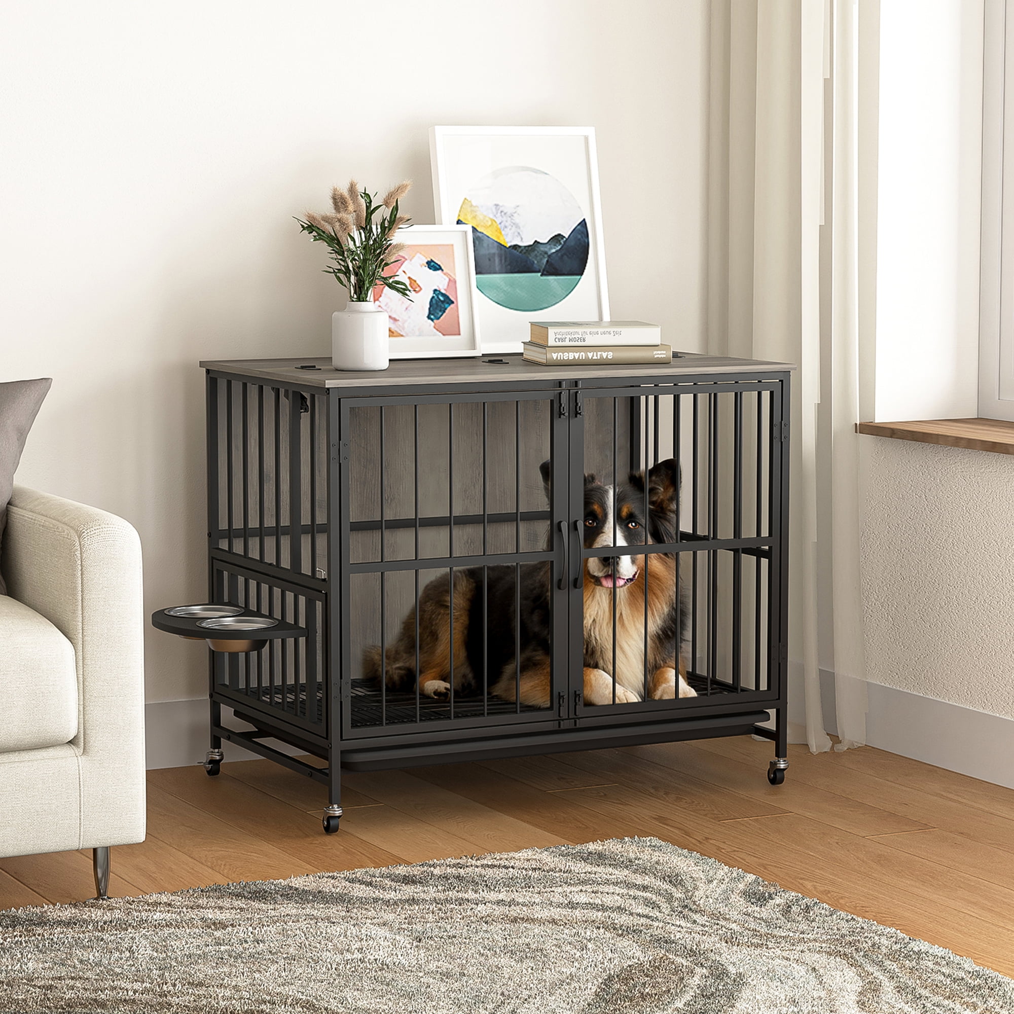 Pefilos 37.8" Dog Crates for Indoor Dogs, Heavy-Duty Dog Cage Furniture, Decorative Wood Kennels with Removable Trays and Feeding Bowls, Gray Pefilos 37.8" Dog Crates for Indoor Dogs, Heavy-Duty Dog Cage Furniture, Decorative Wood Kennels with Removable Trays and Feeding Bowls, Gray
