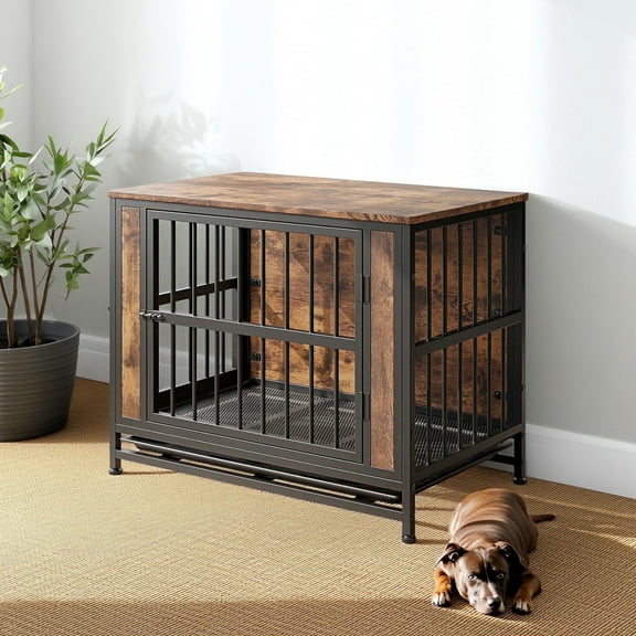 Pefilos 32.8" Furniture Style Dog Crates for Indoor, Pet Kennels with Removable Trays and 2 Sliding Doors, Heavy-Duty Dog Cage, Brown