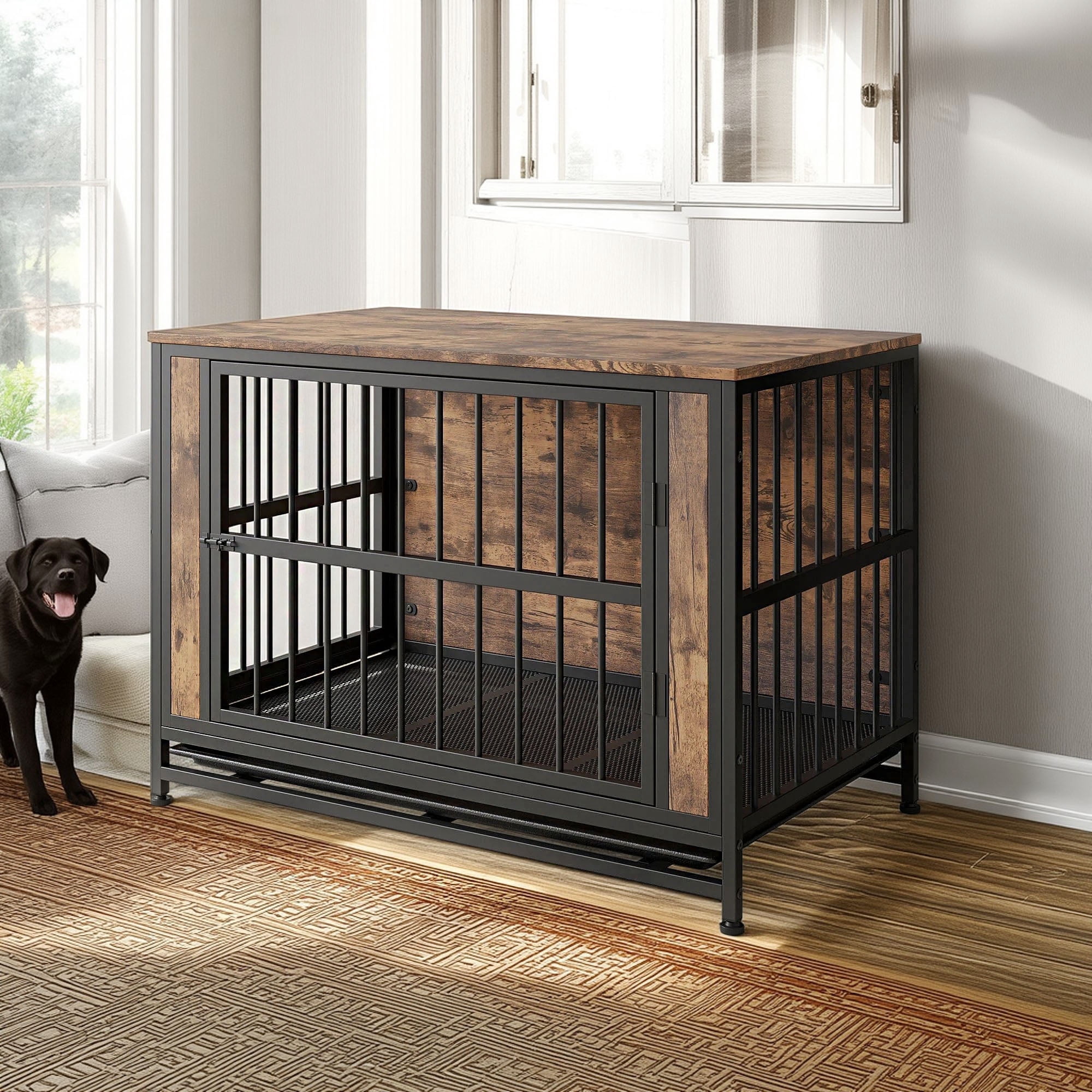 Pefilos 38.9" Furniture Style Dog Crates for Indoor, Pet Kennels with Removable Trays and 2 Sliding Doors, Heavy-Duty Dog Cage, Brown