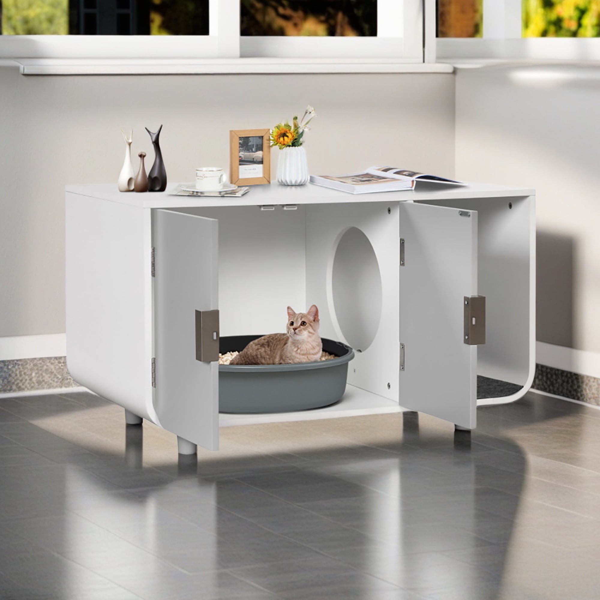 Pefilos 37" Cat Litter Box Enclosure Furniture with Removable Mat, Hidden Indoor Cat House, Gray Pefilos 37" Cat Litter Box Enclosure Furniture with Removable Mat, Hidden Indoor Cat House, Gray