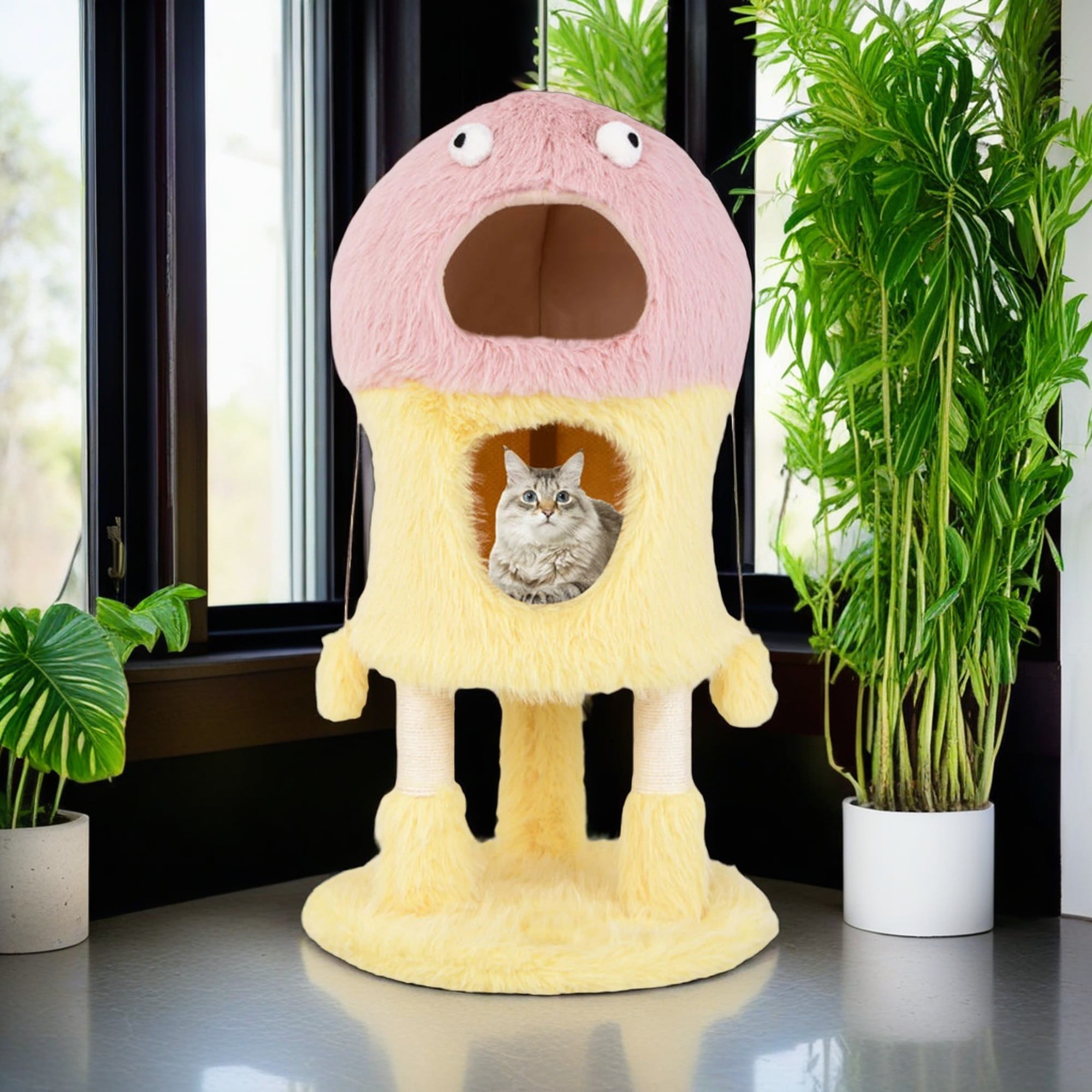 Pefilos 37" Cute Monster-Themed Cat Tree Tower with 2 Private Cat Condos for Small Place, Yellow Pefilos 37" Cute Monster-Themed Cat Tree Tower with 2 Private Cat Condos for Small Place, Yellow