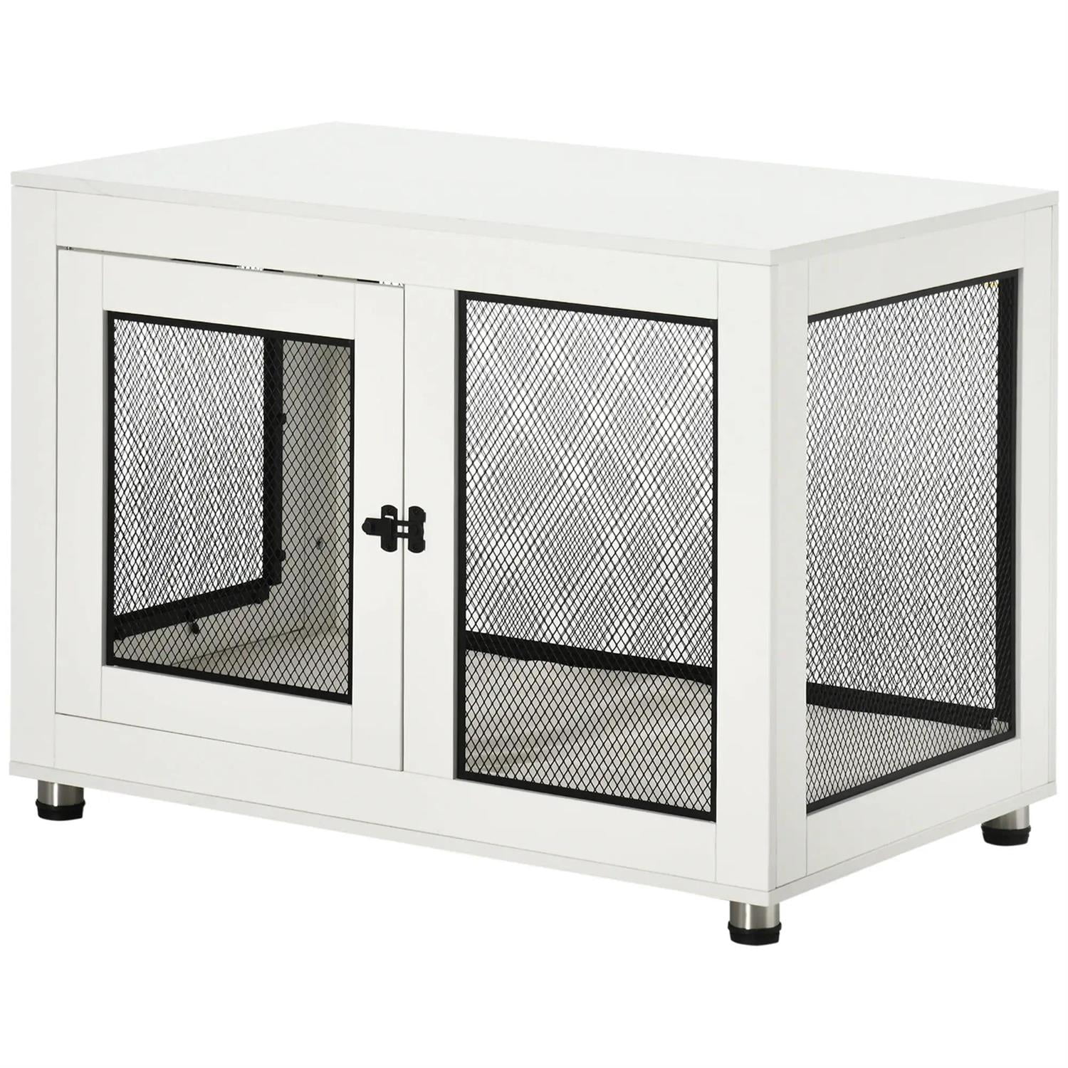 Pefilos 37" Dog Crate Furniture with Cushion, Double Doors, Wooden Kennel Table, Indoor Dog House for Large and Medium Dogs, White