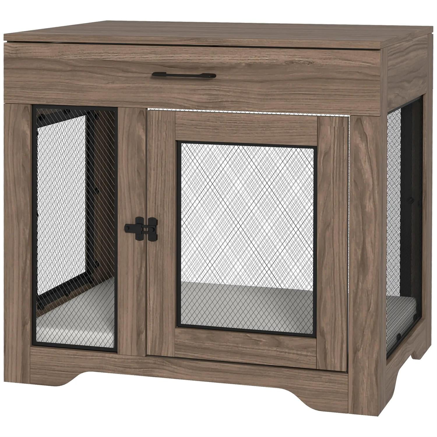 Pefilos 37" Dog Crate Furniture with Soft Water-Resistant Cushion, Drawer, Wooden Kennel Table, Indoor Dog House for Small Dogs, Brown