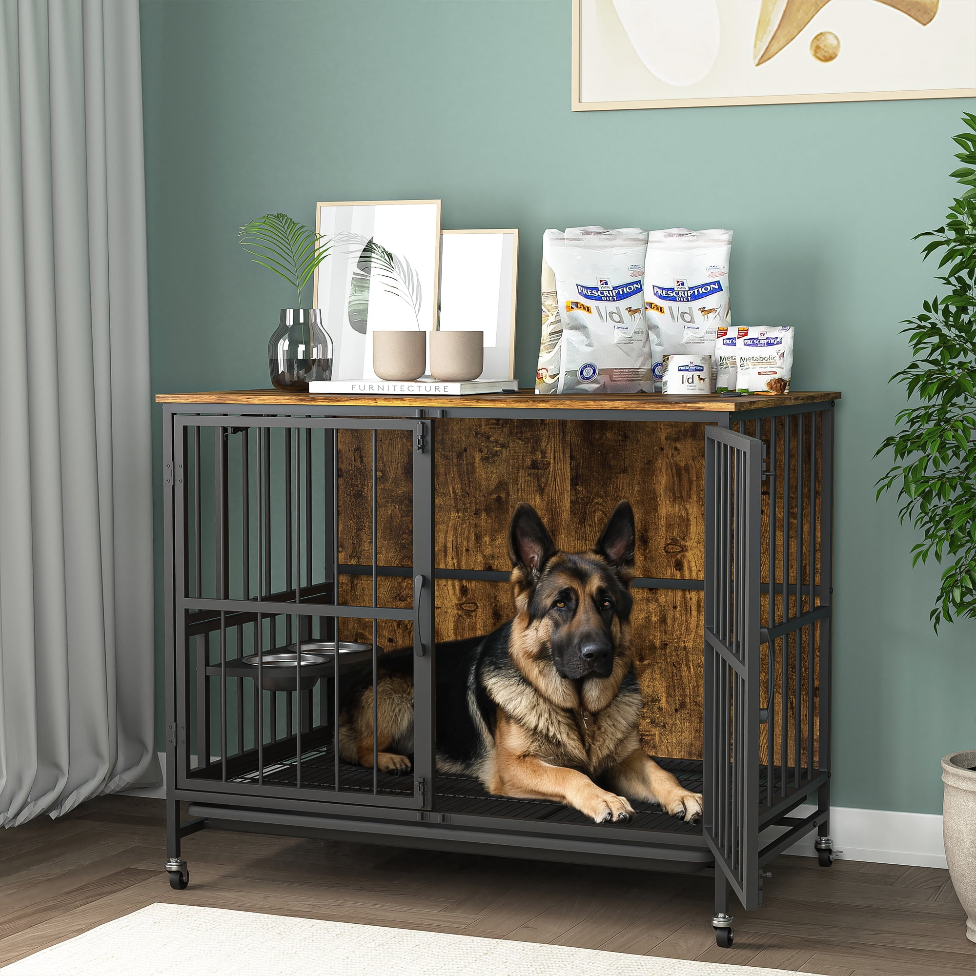 Pefilos 37" Dog Crate with Feeding Bowl, Wheels, Flip-Up Top Opening Kennel with Trays, Furniture Style Dog Cage for Indoor Dogs, Brown Pefilos 37" Dog Crate with Feeding Bowl, Wheels, Flip-Up Top Opening Kennel with Trays, Furniture Style Dog Cage for Indoor Dogs, Brown
