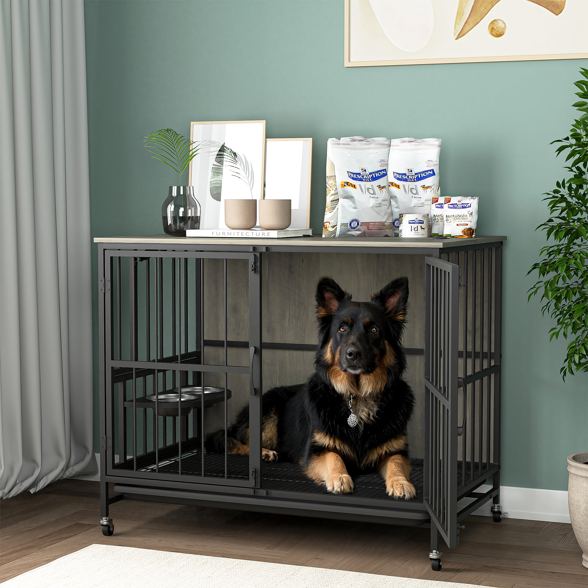 Pefilos 37" Dog Crate with Feeding Bowl, Wheels, Flip-Up Top Opening Kennel with Trays, Furniture Style Dog Cage for Indoor Dogs, Gray Pefilos 37" Dog Crate with Feeding Bowl, Wheels, Flip-Up Top Opening Kennel with Trays, Furniture Style Dog Cage for Indoor Dogs, Gray