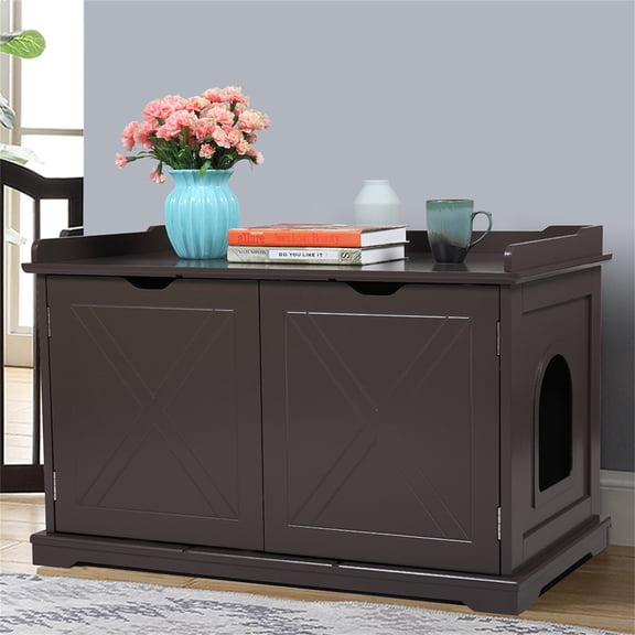 Pefilos 37" Enclosed Litter Box Enclosure Furniture Hidden Cabinet,Cat Washroom Bench,Litter House Cover,Dog Proof Cat Feeding Station Table for Large Cat House Kitten Kitty, Brown