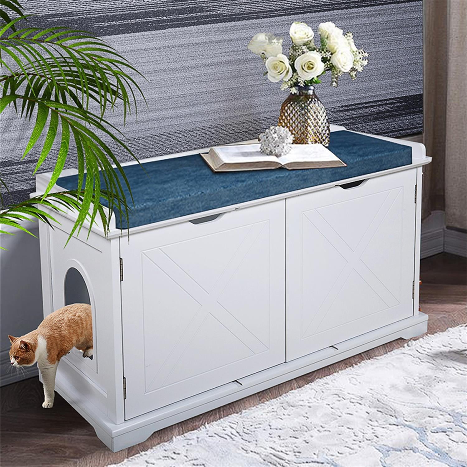 Pefilos 37" Enclosed Litter Box Enclosure Hidden Cat Washroom Bench,Cat House Cover, White Pefilos 37" Enclosed Litter Box Enclosure Hidden Cat Washroom Bench,Cat House Cover, White