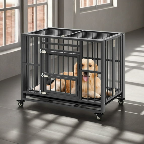 Pefilos 37" Foldable Heavy Duty Dog Cage, Metal Escape Proof Kennel, Chew-proof Dog Crates for Medium Dogs with Tray, Black