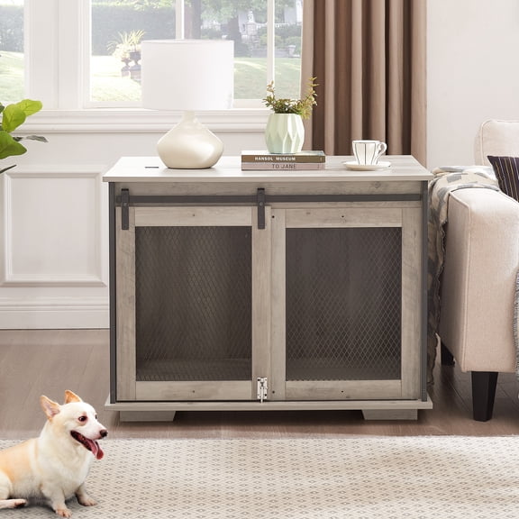 Pefilos 37" Furniture Style Dog Crate for Medium Large Dogs, Modern Indoor Dog Kennel with Sliding Barn Door, Wood Dog Cage House, Gray