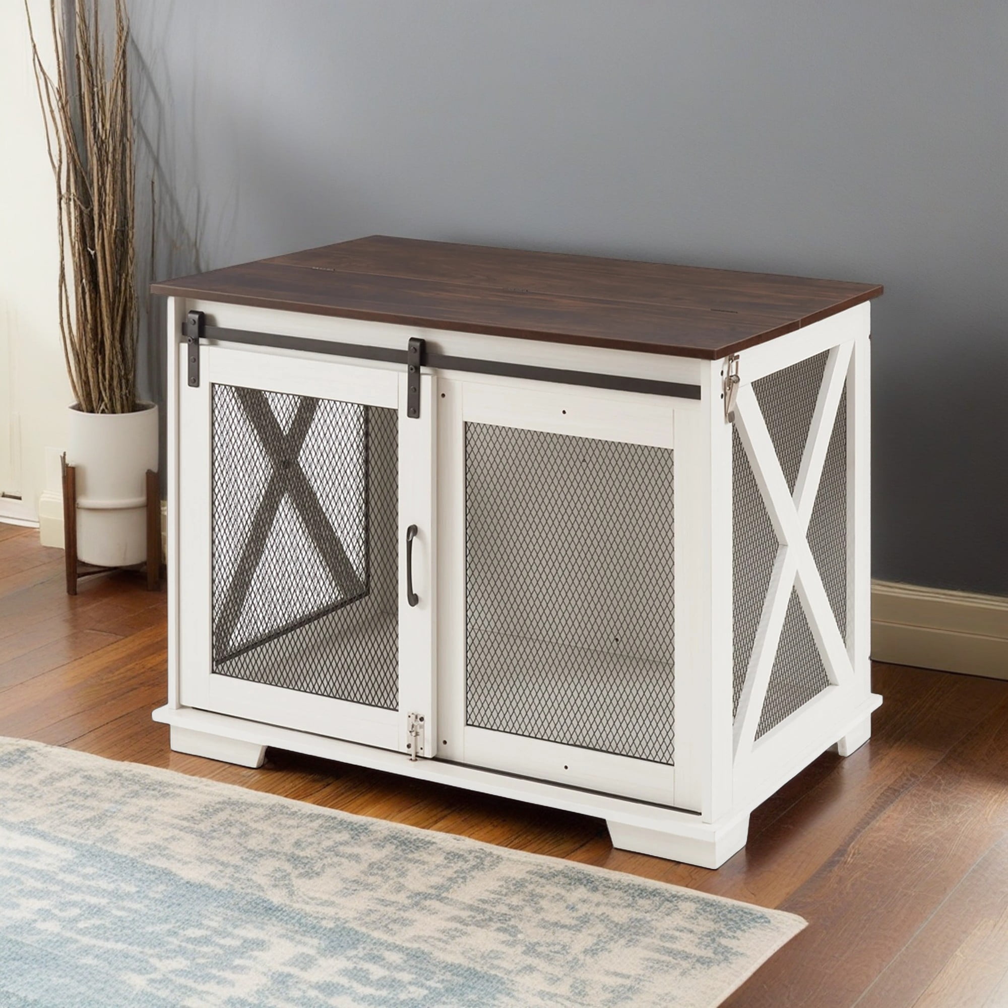 Pefilos 37" Furniture Style Dog Crate for Medium Large Dogs, Modern Indoor Dog Kennel with Sliding Barn Door, Wood Dog Cage House, White Pefilos 37" Furniture Style Dog Crate for Medium Large Dogs, Modern Indoor Dog Kennel with Sliding Barn Door, Wood Dog Cage House, White