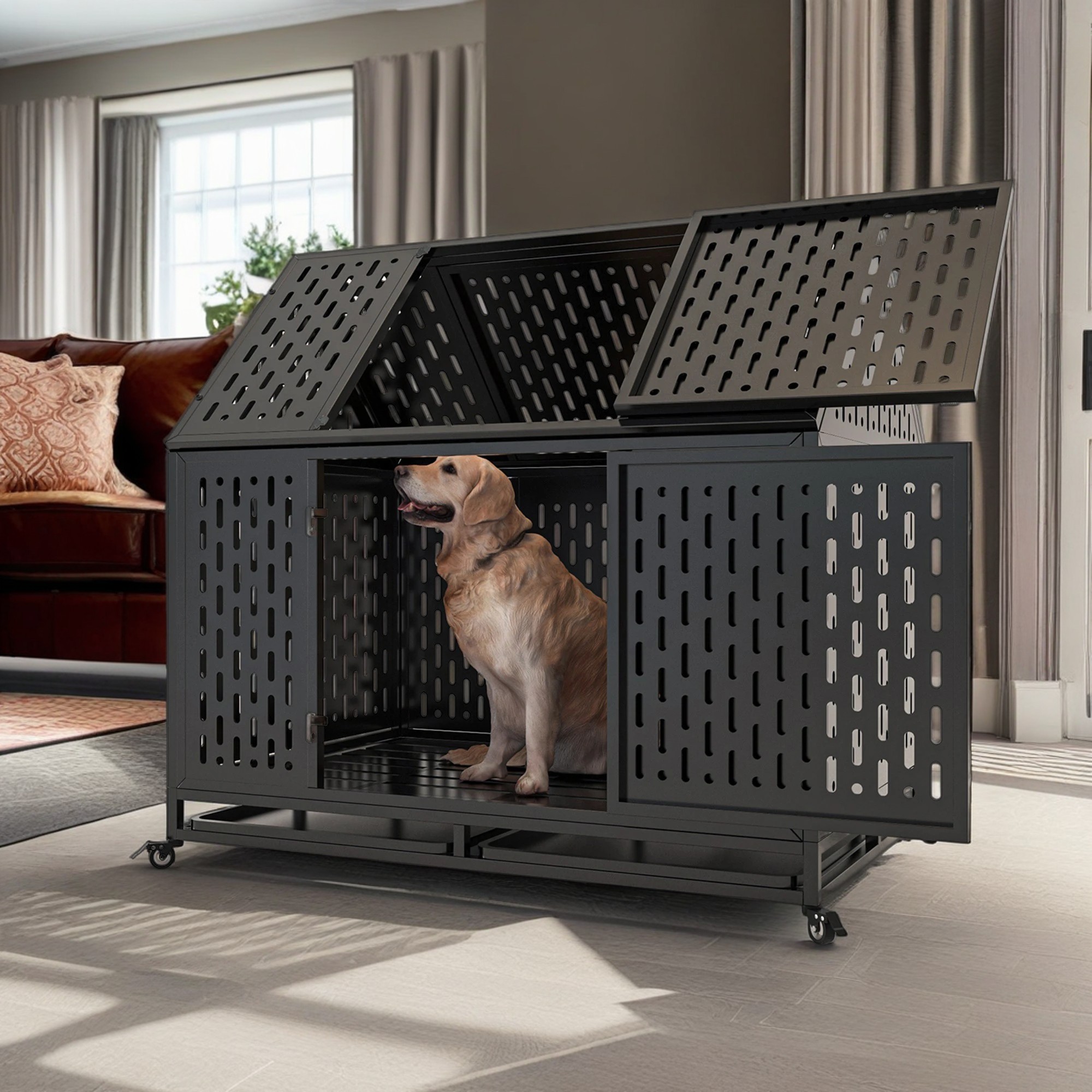 Pefilos 45" Heavy Duty Metal Dog Crate with 4 Universal Wheels, Dog Kennel for High Anxiety Large/Extra Dogs, Indoor Large Dog Cage, Black Pefilos 45" Heavy Duty Metal Dog Crate with 4 Universal Wheels, Dog Kennel for High Anxiety Large/Extra Dogs, Indoor Large Dog Cage, Black