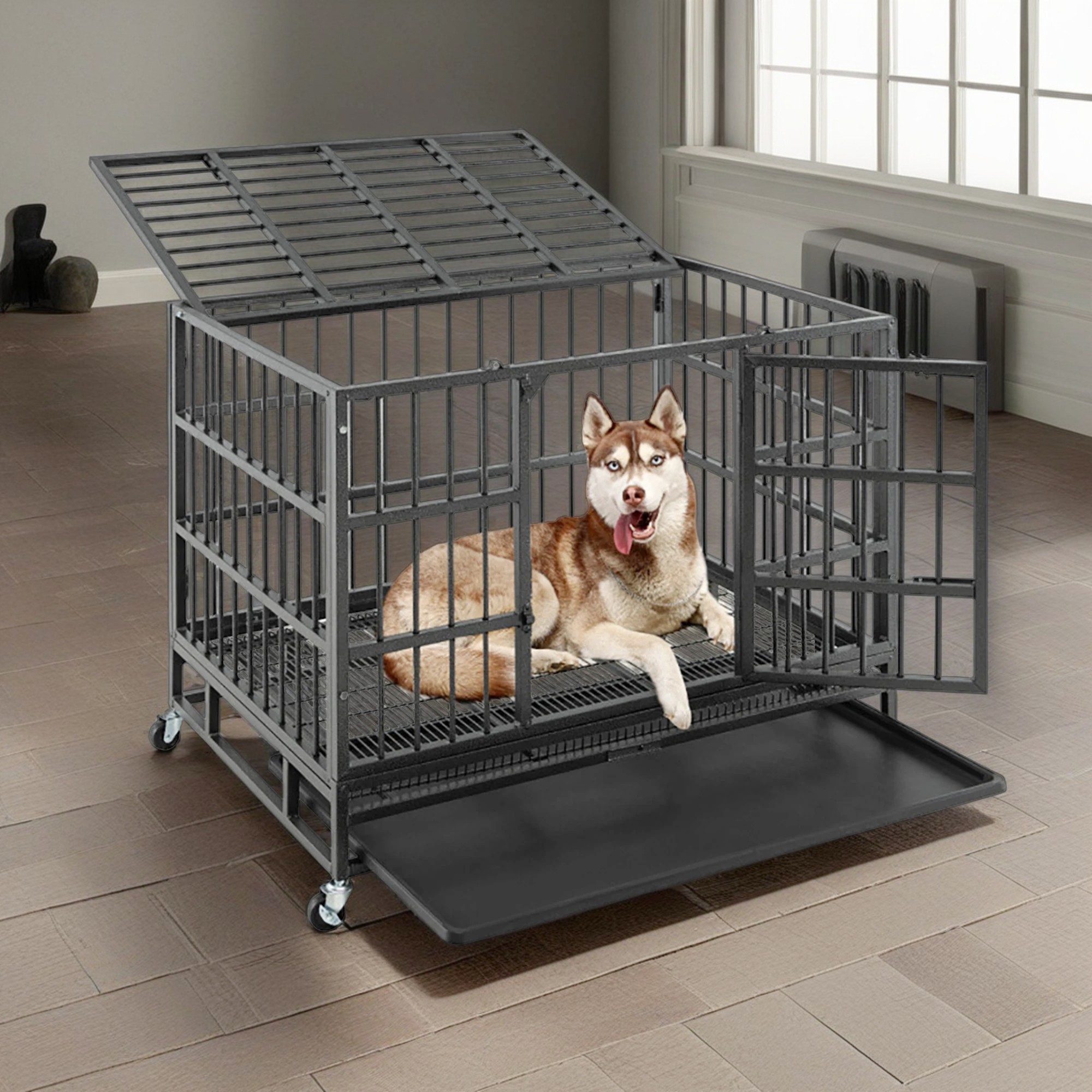 Pefilos 38 Inch Heavy Duty Dog Crate, Escape Proof Dog Cage Kennel with Lockable Wheels, Large House Indoor for Large Dog with Removable Tray, Black, M